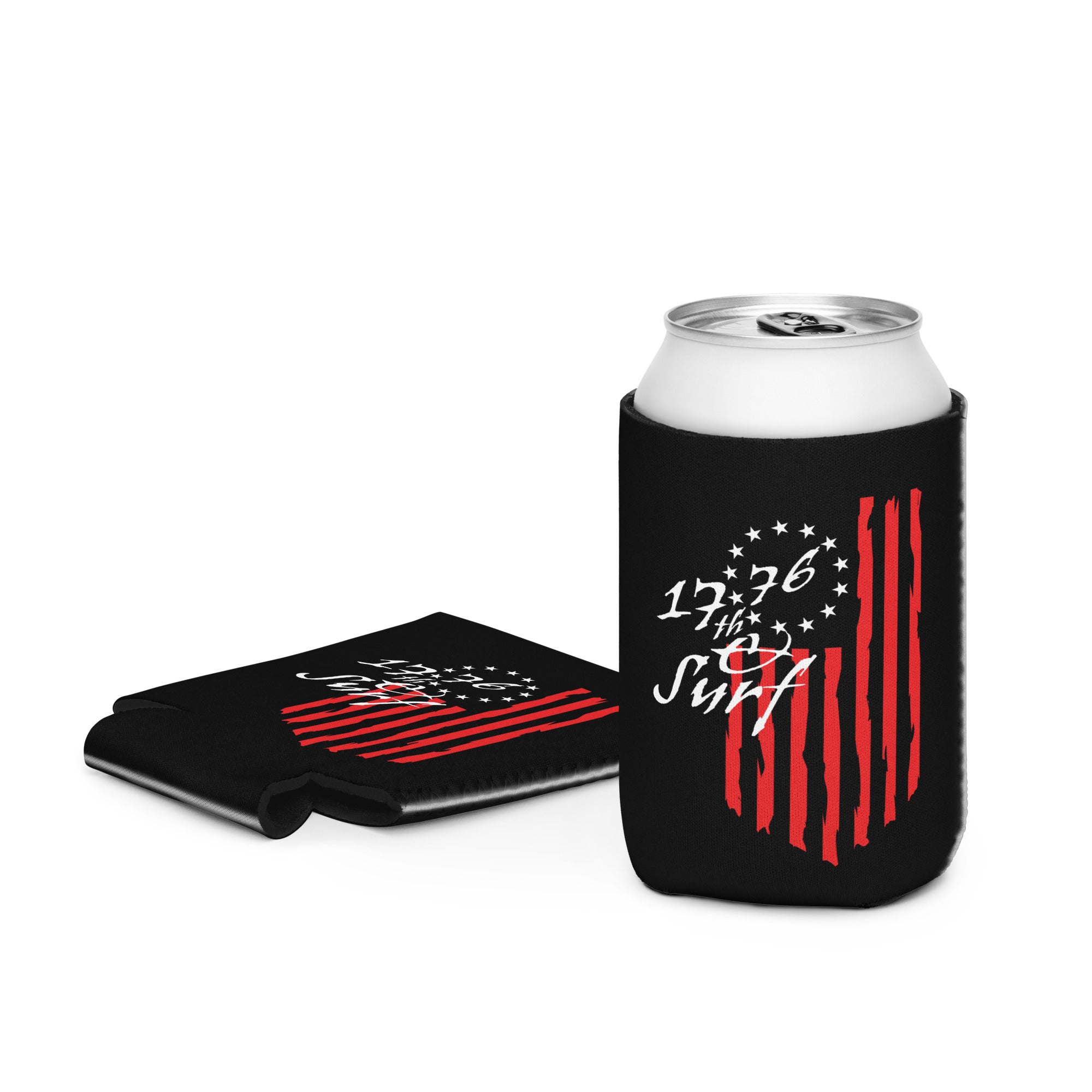 Black 1776 & Surf regular 12 oz can cooler on a can next to a folded cooler showing the 'Celebrating 250 Years of America' back design – America's 250th Anniversary Collection by 17th & Surf