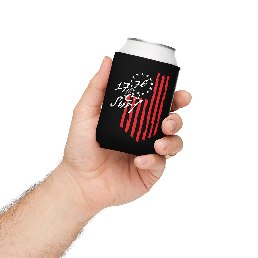 Hand holding a can in the black 1776 & Surf regular 12 oz can cooler, featuring the 1776 script logo and 13-star Betsy Ross flag design – America's 250th Anniversary Collection by 17th & Surf