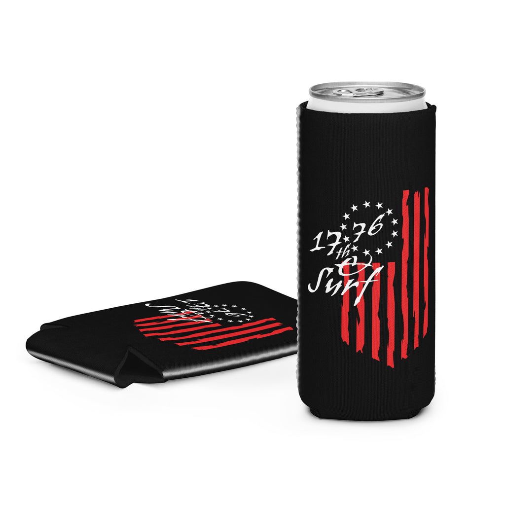 Black 1776 & Surf slim 12 oz can cooler on a can next to a folded cooler showing the 'Celebrating 250 Years of America' back design – America's 250th Anniversary Collection by 17th & Surf