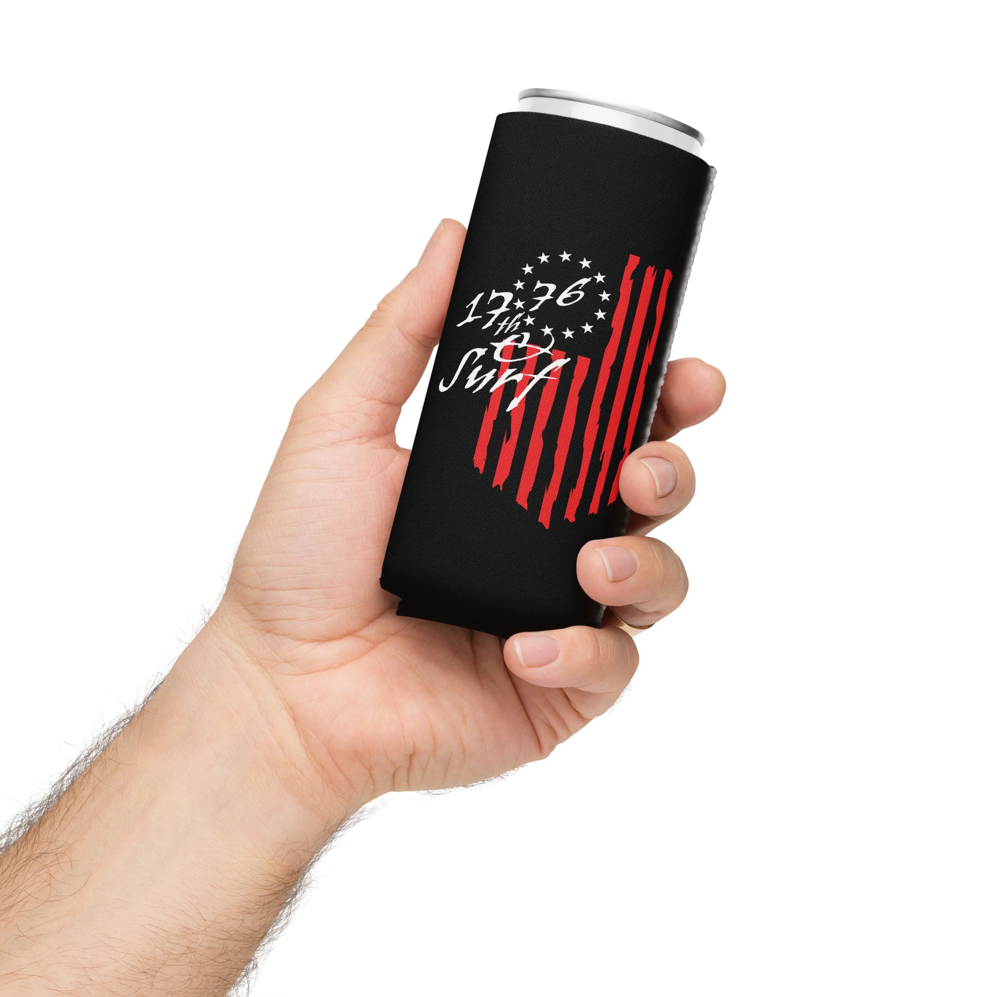 Hand holding a can in the black 1776 & Surf slim 12 oz can cooler, featuring the 1776 script logo and 13-star Betsy Ross flag design – America's 250th Anniversary Collection by 17th & Surf