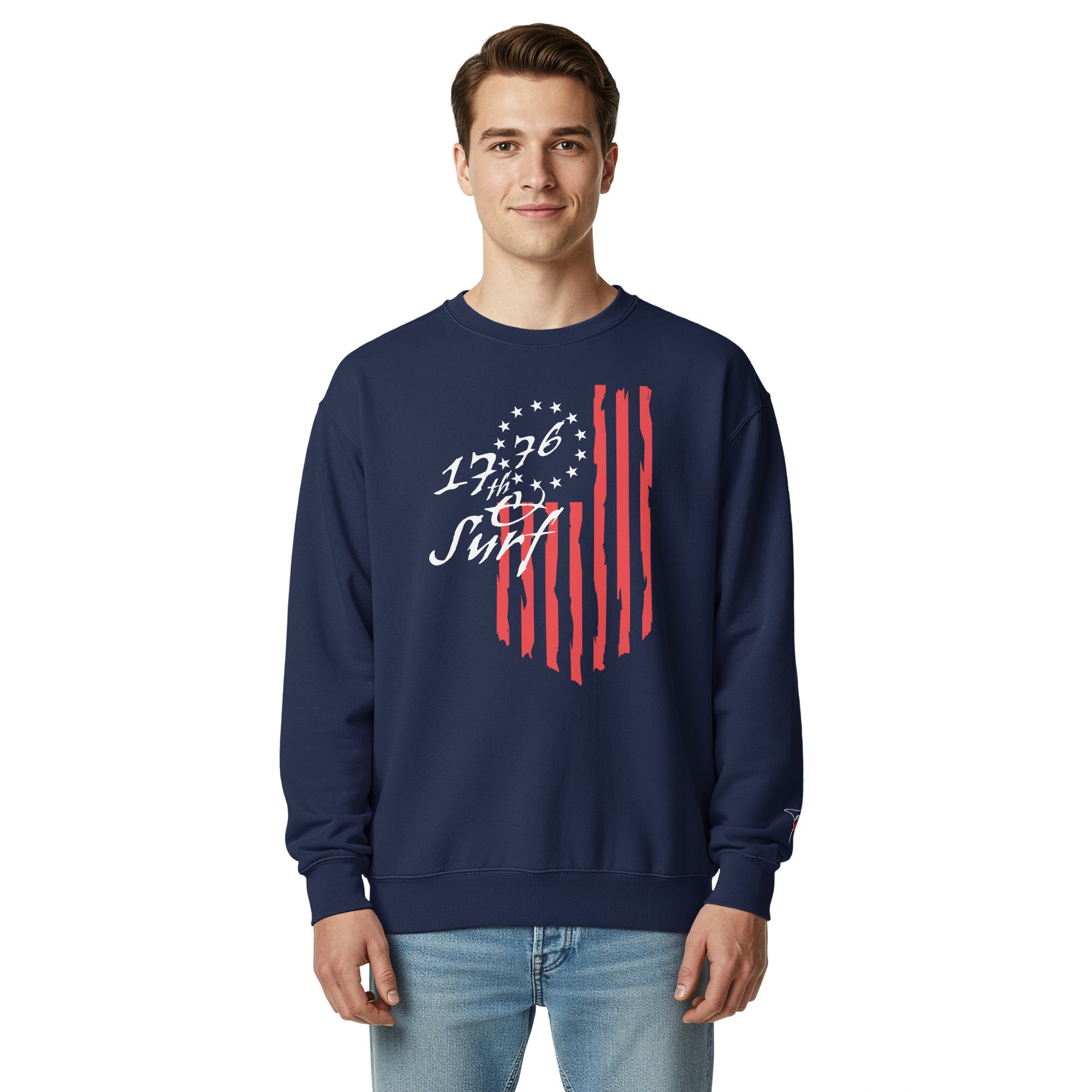 Man wearing the navy "1776 & Surf" heavyweight crewneck sweatshirt, front view, featuring the large 1776 script logo with 13-star Betsy Ross flag and distressed red stripe graphic – America's 250th Anniversary Collection by 17th & Surf