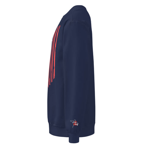 Navy "1776 & Surf" heavyweight crewneck sweatshirt, left-side view, showing the distressed red stripe graphic and the embroidered '17th & Surf' logo on the sleeve cuff – America's 250th Anniversary Collection by 17th & Surf