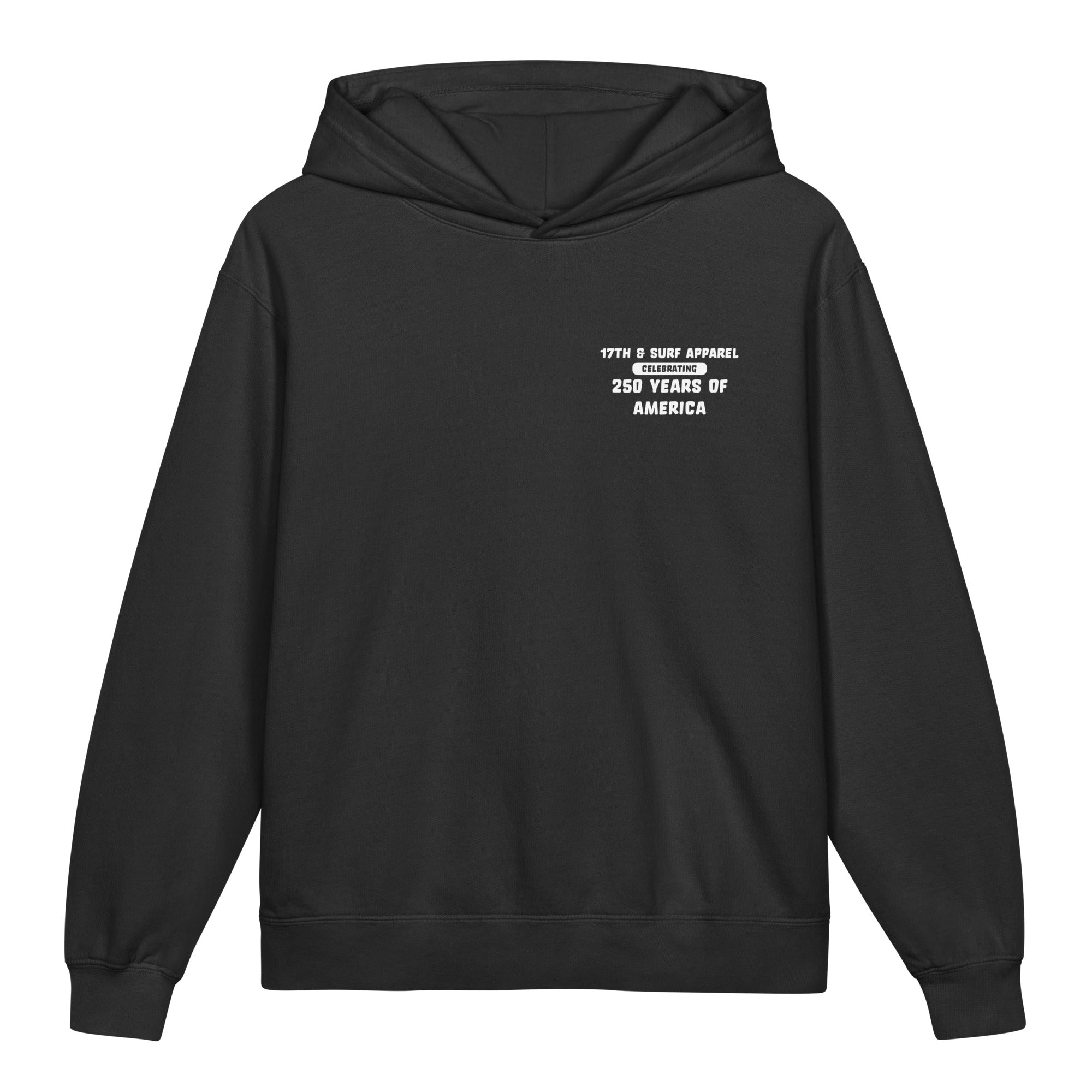 Black "1776 & Surf" kid's hoodie, front view, featuring the small '17TH & SURF APPAREL Celebrating 250 Years of America' chest wordmark – America's 250th Anniversary Collection by 17th & Surf