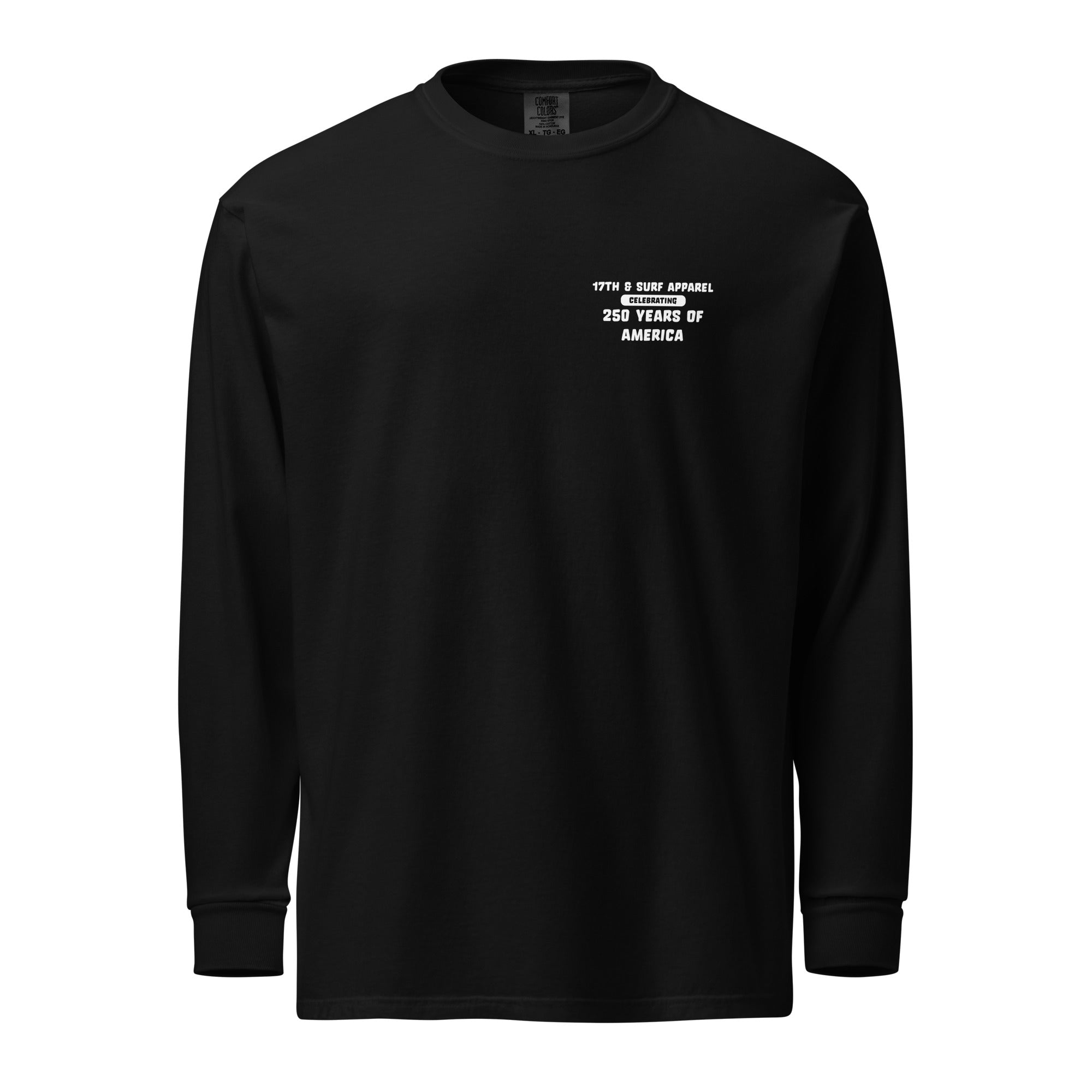 Black "1776 & Surf" long sleeve shirt, front view, featuring the small '17TH & SURF APPAREL Celebrating 250 Years of America' chest wordmark – America's 250th Anniversary Collection by 17th & Surf