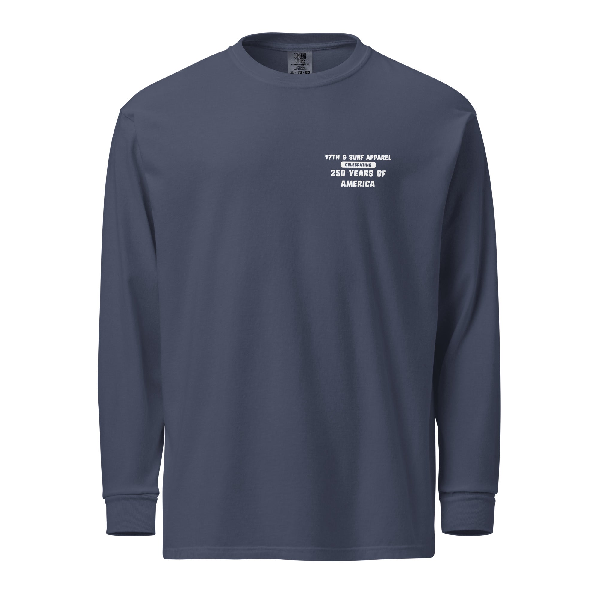 Navy "1776 & Surf" long sleeve shirt, front view, featuring the small '17TH & SURF APPAREL Celebrating 250 Years of America' chest wordmark – America's 250th Anniversary Collection by 17th & Surf