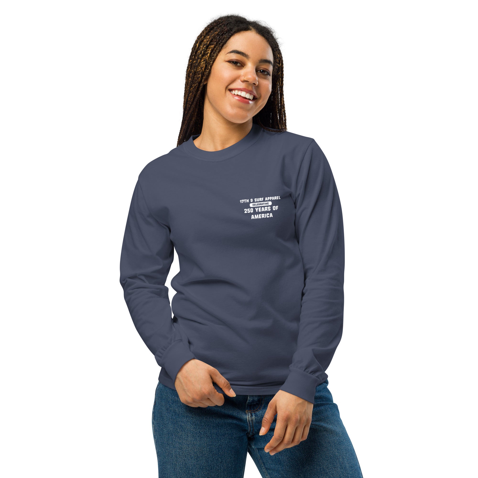 Woman wearing the navy "1776 & Surf" long sleeve shirt, front view, featuring the small '17TH & SURF APPAREL Celebrating 250 Years of America' chest wordmark – America's 250th Anniversary Collection by 17th & Surf