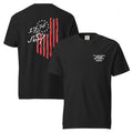 Black "1776 & Surf" tee, flat-lay front and back view, showing the small 'Celebrating 250 Years of America' chest wordmark on front and the large 1776 script logo with 13-star Betsy Ross flag graphic on back – America's 250th Anniversary Collection by 17th & Surf