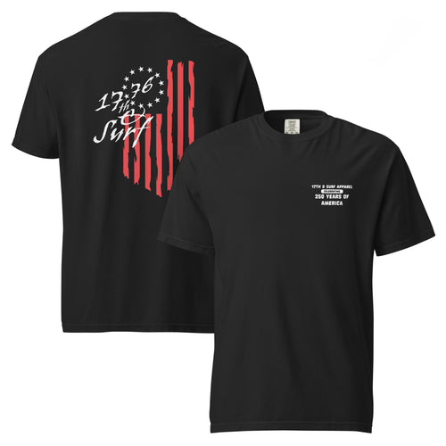 Black "1776 & Surf" tee, flat-lay front and back view, showing the small 'Celebrating 250 Years of America' chest wordmark on front and the large 1776 script logo with 13-star Betsy Ross flag graphic on back – America's 250th Anniversary Collection by 17th & Surf