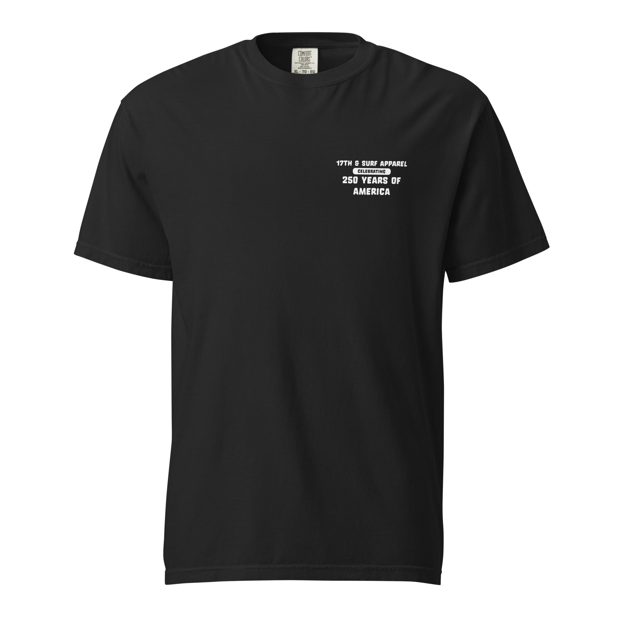 Black "1776 & Surf" tee, front view, featuring the small '17TH & SURF APPAREL Celebrating 250 Years of America' chest wordmark – America's 250th Anniversary Collection by 17th & Surf
