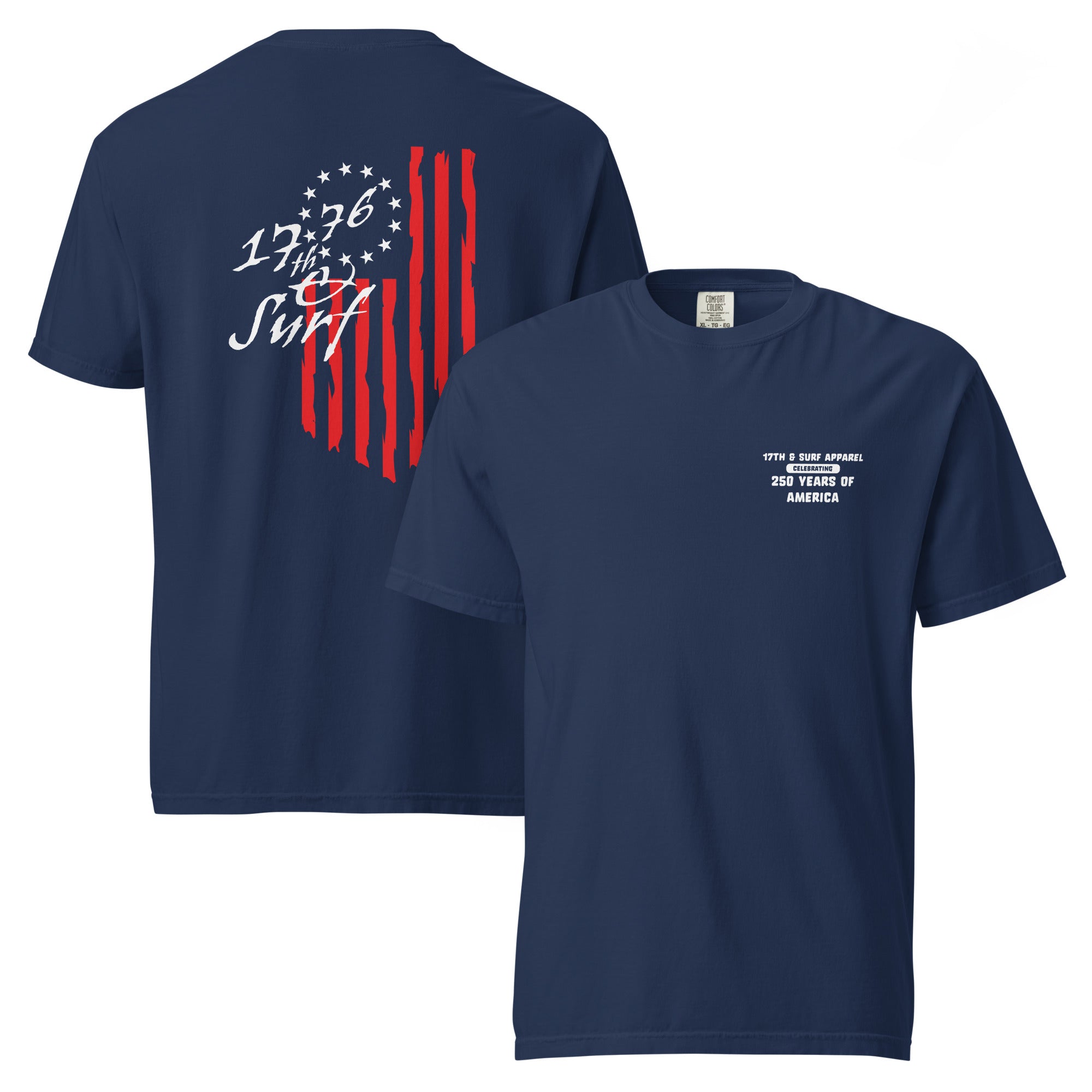 Navy "1776 & Surf" tee, flat-lay front and back view, showing the small 'Celebrating 250 Years of America' chest wordmark on front and the large 1776 script logo with 13-star Betsy Ross flag graphic on back – America's 250th Anniversary Collection by 17th & Surf