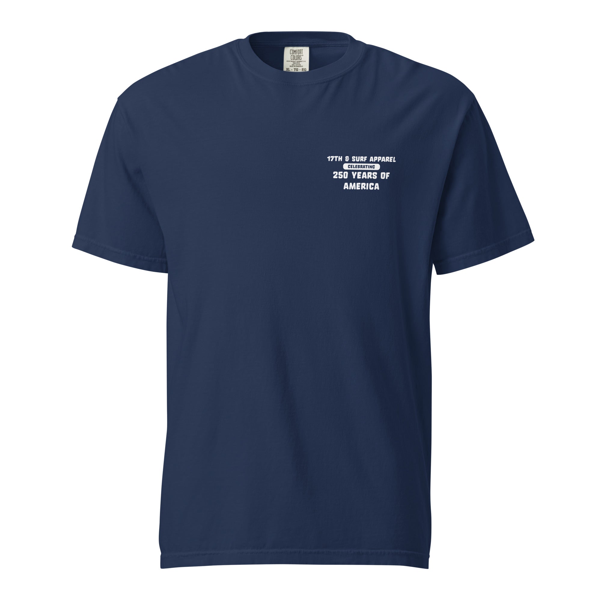 Navy "1776 & Surf" tee, front view, featuring the small '17TH & SURF APPAREL Celebrating 250 Years of America' chest wordmark – America's 250th Anniversary Collection by 17th & Surf