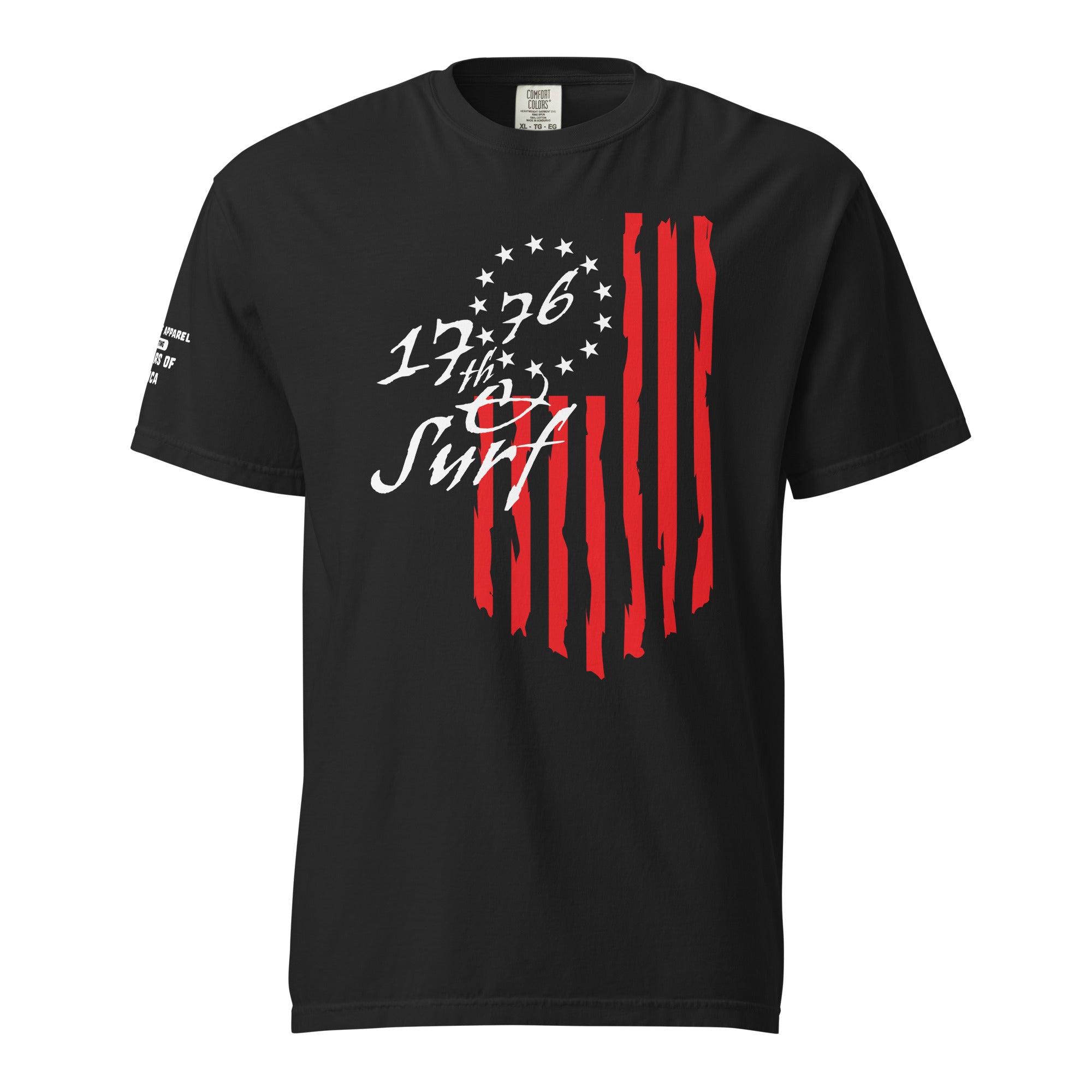 Black "1776 & Surf" tee - front print, front view, featuring the large 1776 script logo with 13-star Betsy Ross flag and distressed red stripe graphic on the chest and the 'Celebrating 250 Years of America' wordmark on the sleeve – America's 250th Anniversary Collection by 17th & Surf