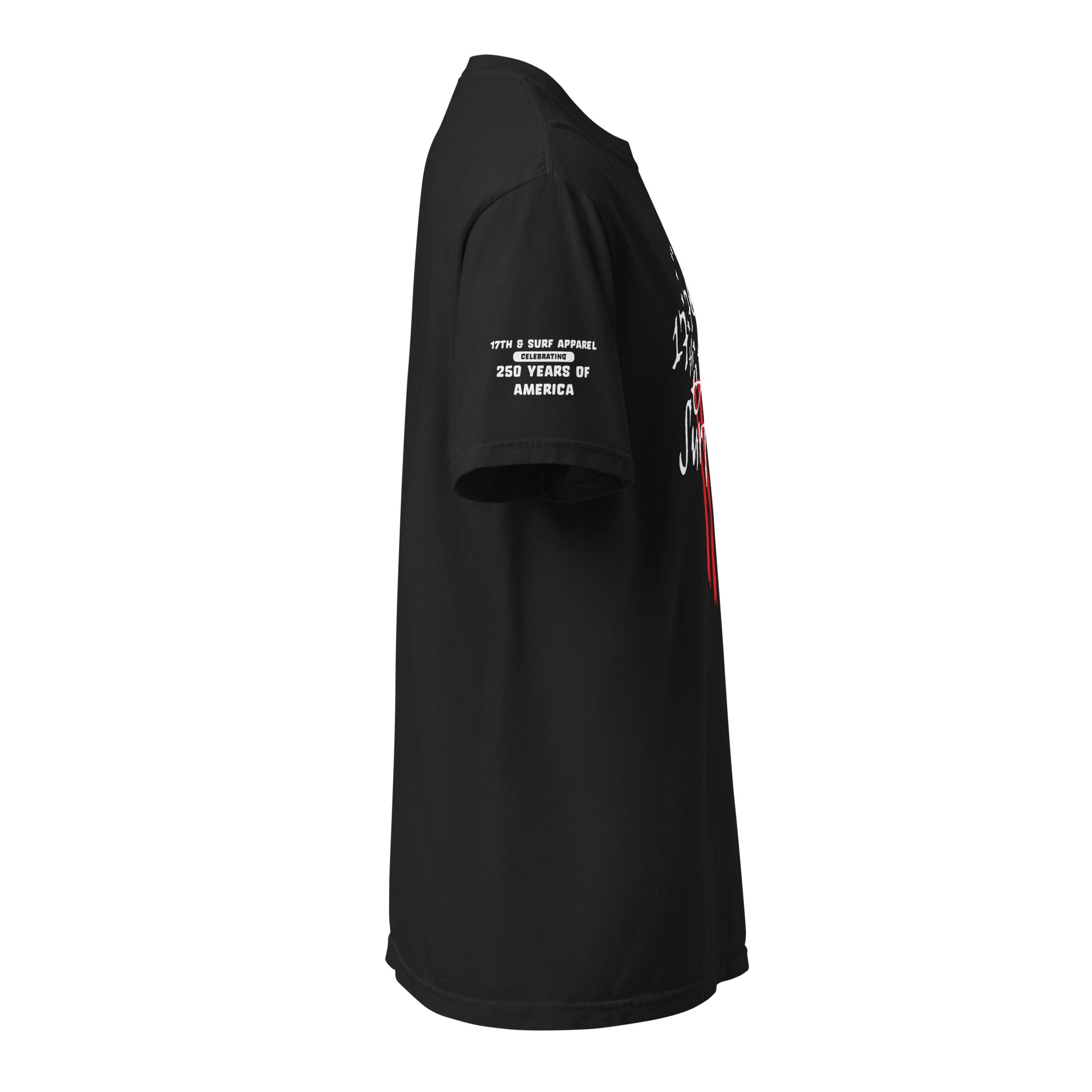 Black "1776 & Surf" tee - front print, right-side view, showing the 1776 script logo with 13-star Betsy Ross flag graphic and the 'Celebrating 250 Years of America' sleeve text – America's 250th Anniversary Collection by 17th & Surf
