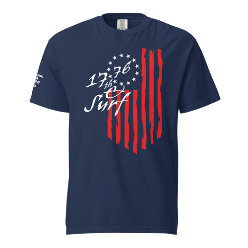 Navy "1776 & Surf" tee - front print, front view, featuring the large 1776 script logo with 13-star Betsy Ross flag and distressed red stripe graphic on the chest and the 'Celebrating 250 Years of America' wordmark on the sleeve – America's 250th Anniversary Collection by 17th & Surf
