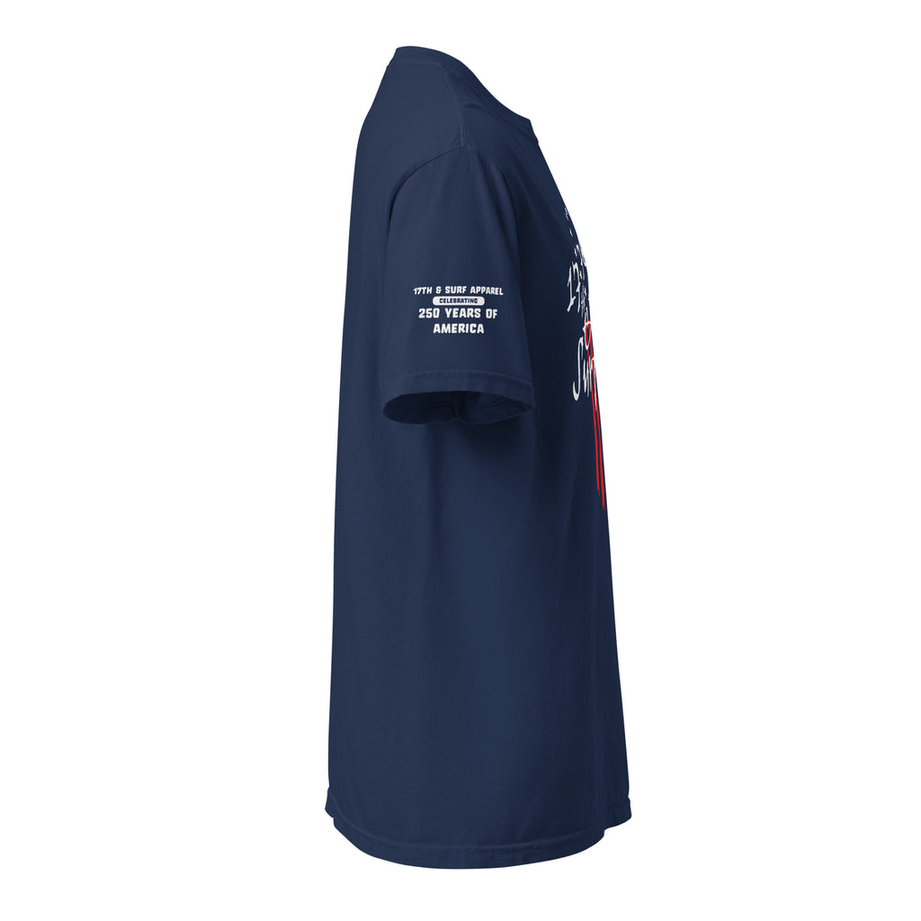 Navy "1776 & Surf" tee - front print, right-side view, showing the 1776 script logo with 13-star Betsy Ross flag graphic and the 'Celebrating 250 Years of America' sleeve text – America's 250th Anniversary Collection by 17th & Surf