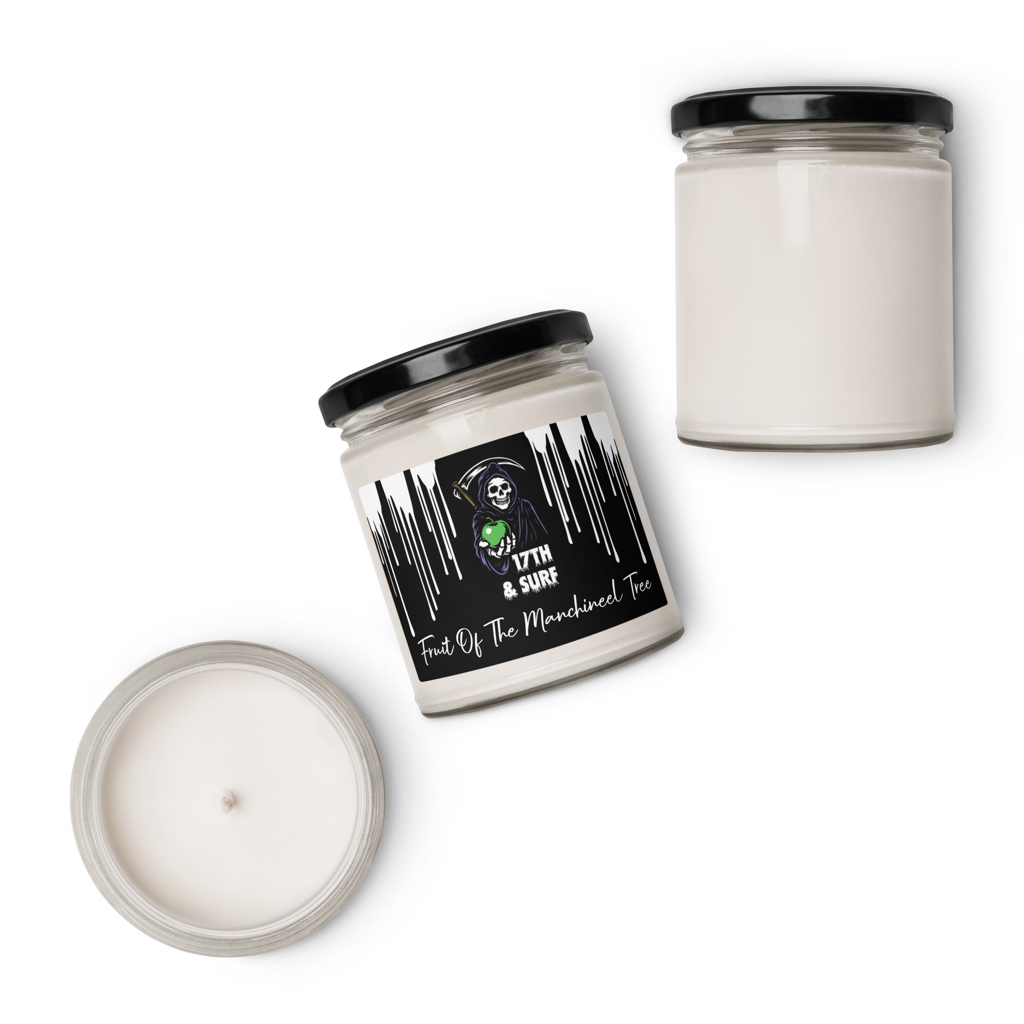 "Fruit Of The Manchineel Tree" 9oz scented soy candle group product view showing front, back, and open-lid angles with Grim Reaper holding green apple label and "17th & Surf" logo – "Beach Apple" Series by 17th & Surf