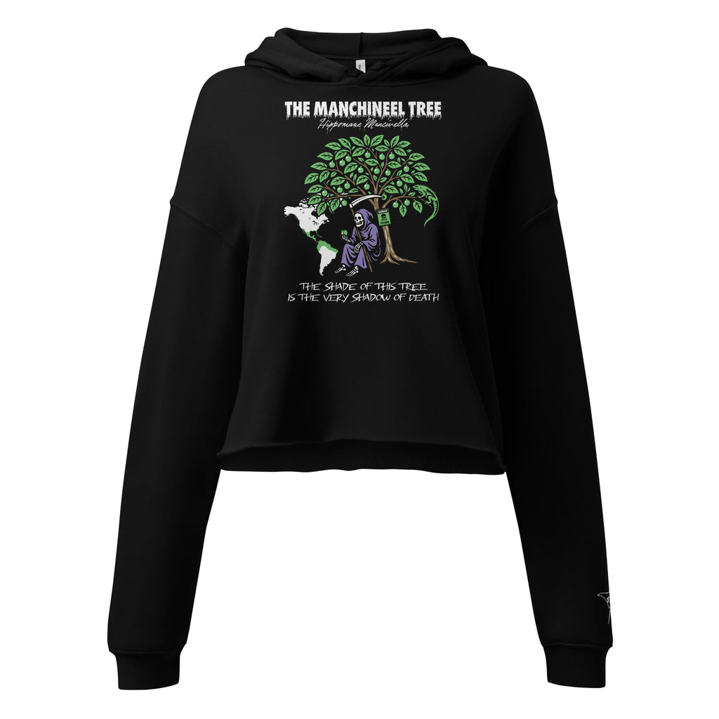 "Beach Apple" black cropped hoodie, flat lay front view, featuring the large "THE MANCHINEEL TREE" graphic with a hooded Grim Reaper holding a green apple beneath the poisonous tree, a green iguana, a "DANGER POISON" sign, a map of Central/South America, and the caption "The shade of this tree is the very shadow of death" – "Beach Apple" Series by 17th & Surf