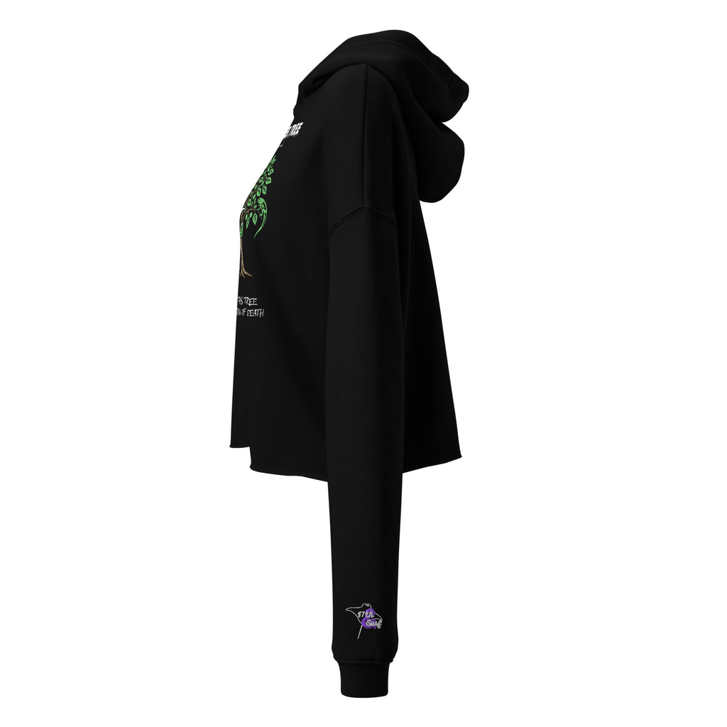 "Beach Apple" black cropped hoodie, side profile view, featuring the large "THE MANCHINEEL TREE" graphic on the front and the small embroidered "17th & Surf" Grim Reaper apple logo on the sleeve cuff – "Beach Apple" Series by 17th & Surf