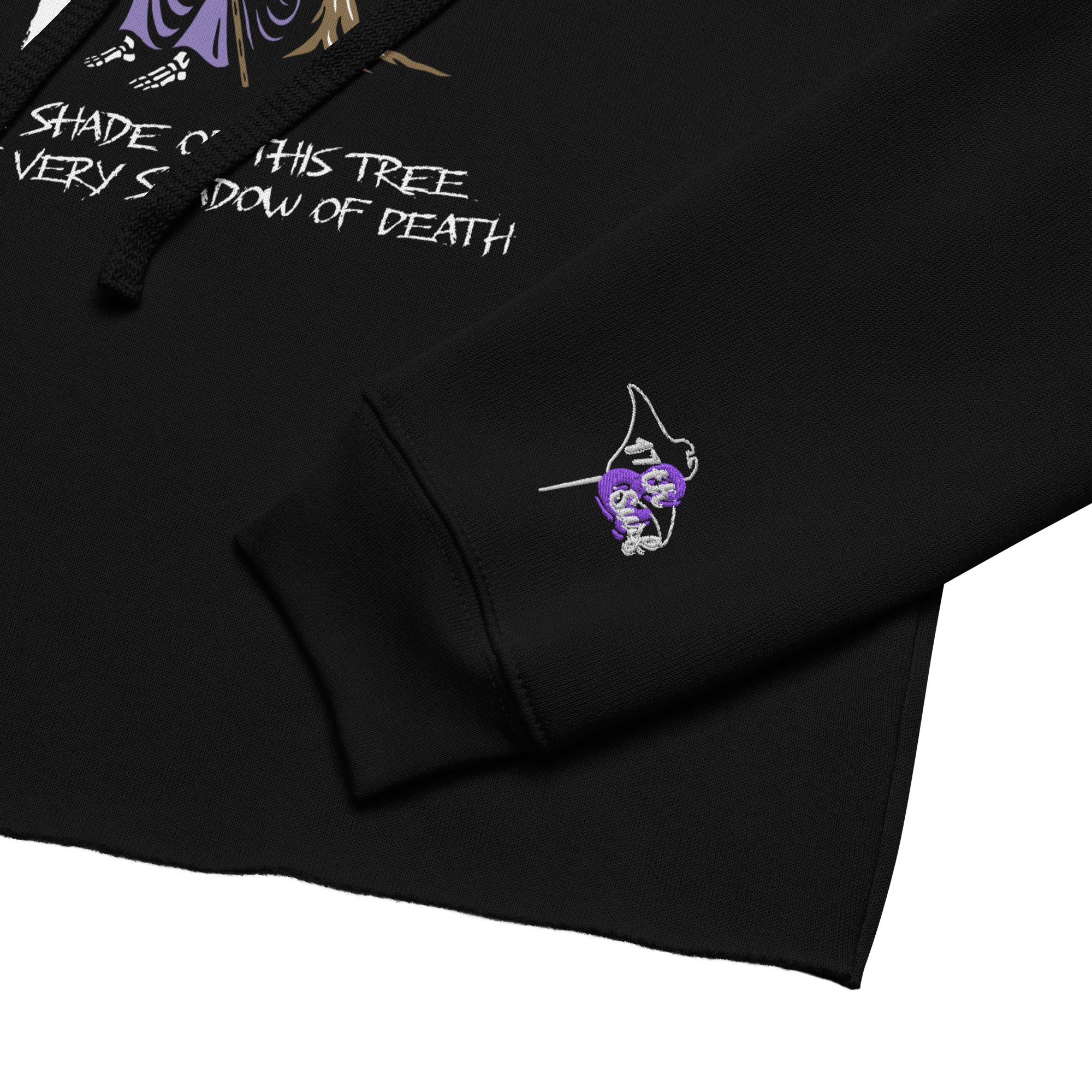"Beach Apple" black cropped hoodie, sleeve cuff close-up, featuring the small embroidered "17th & Surf" Grim Reaper apple logo – "Beach Apple" Series by 17th & Surf