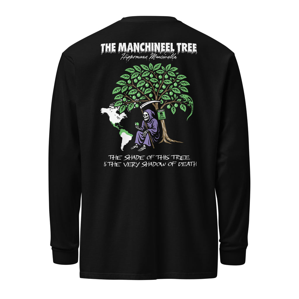 "Beach Apple" garment-dyed heavyweight long sleeve, back flat lay, featuring the large "THE MANCHINEEL TREE" graphic with a hooded Grim Reaper holding a green apple beneath the poisonous tree, a green iguana, a "DANGER POISON" sign, a map of Central/South America, and the caption "The shade of this tree is the very shadow of death" – "Beach Apple" Series by 17th & Surf