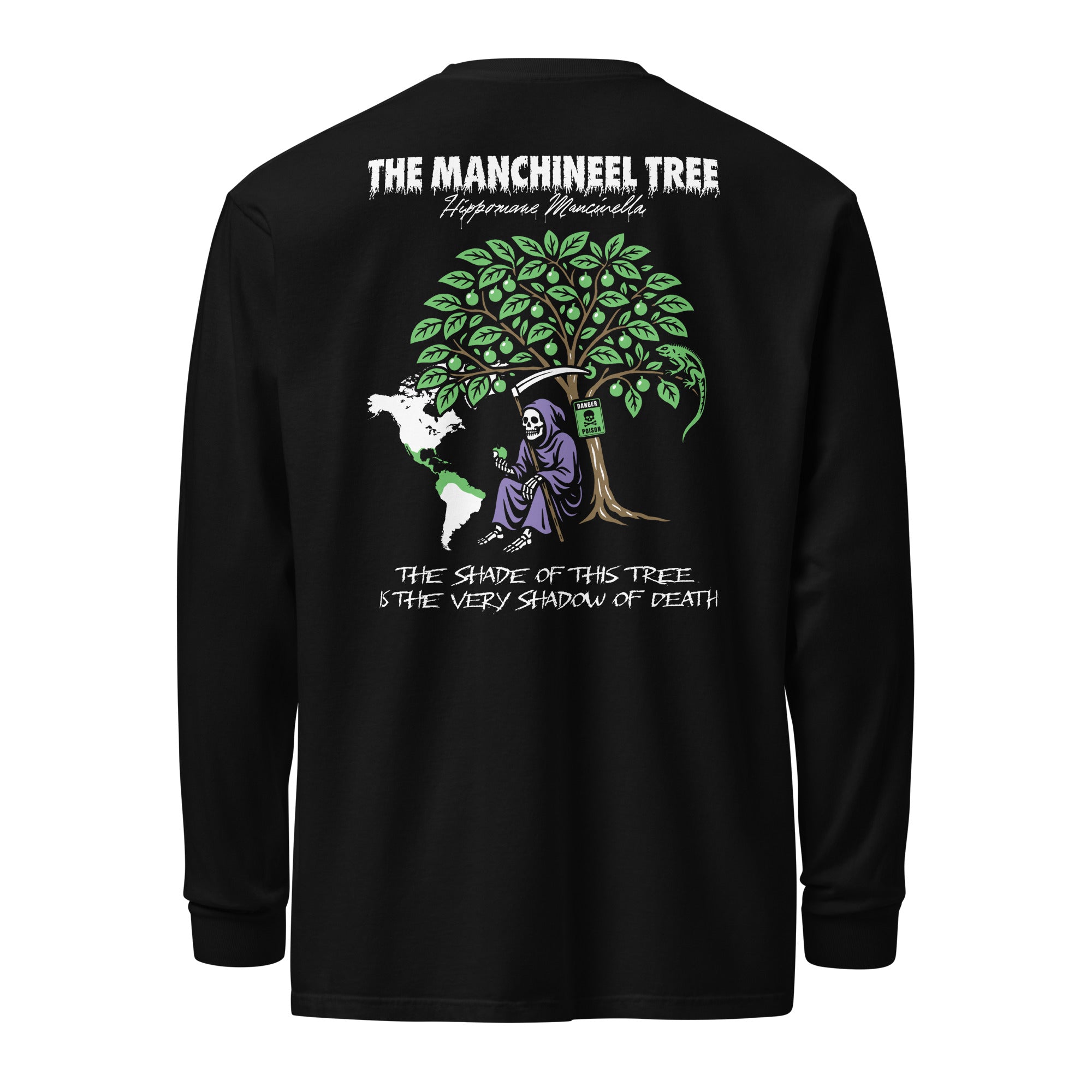 "Beach Apple" garment-dyed heavyweight long sleeve, back flat lay, featuring the large "THE MANCHINEEL TREE" graphic with a hooded Grim Reaper holding a green apple beneath the poisonous tree, a green iguana, a "DANGER POISON" sign, a map of Central/South America, and the caption "The shade of this tree is the very shadow of death" – "Beach Apple" Series by 17th & Surf