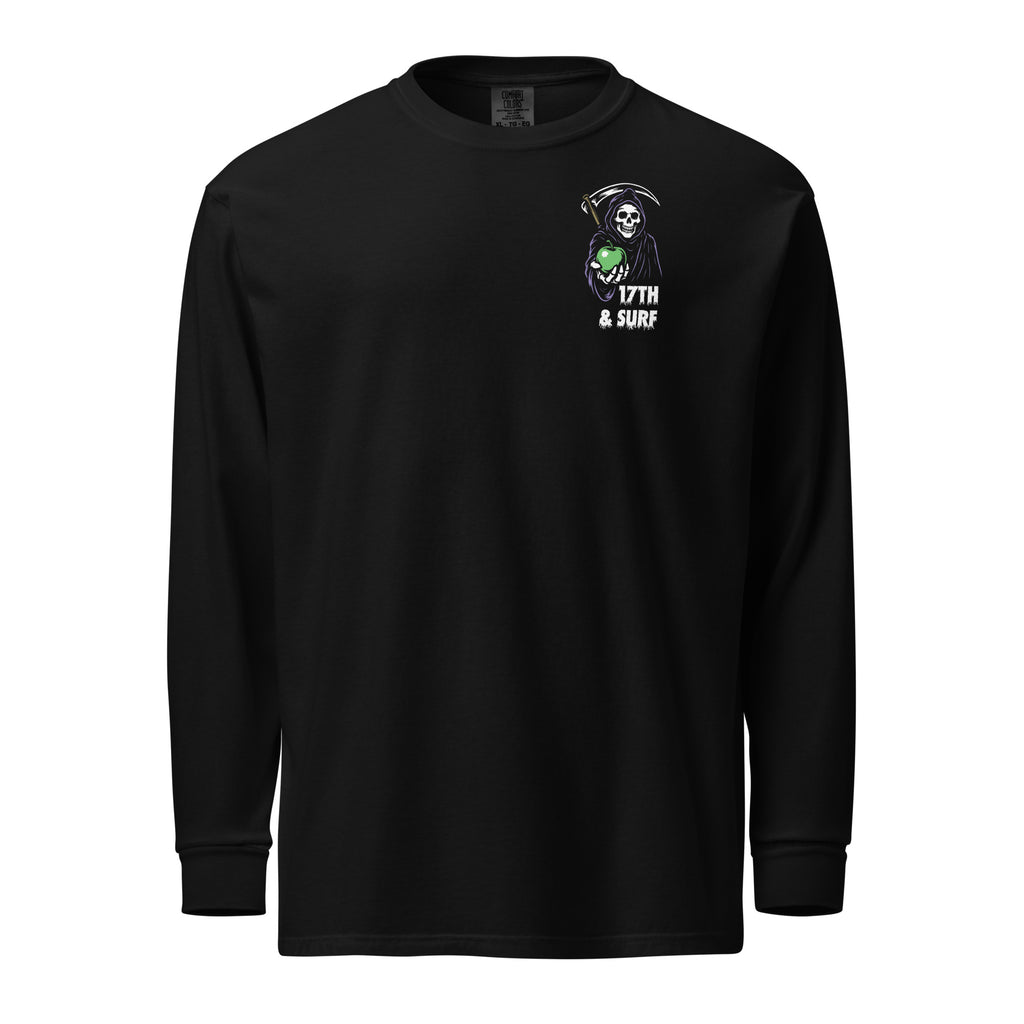 "Beach Apple" garment-dyed heavyweight long sleeve, front flat lay, featuring the small "17th & Surf" Grim Reaper apple logo on the chest – "Beach Apple" Series by 17th & Surf