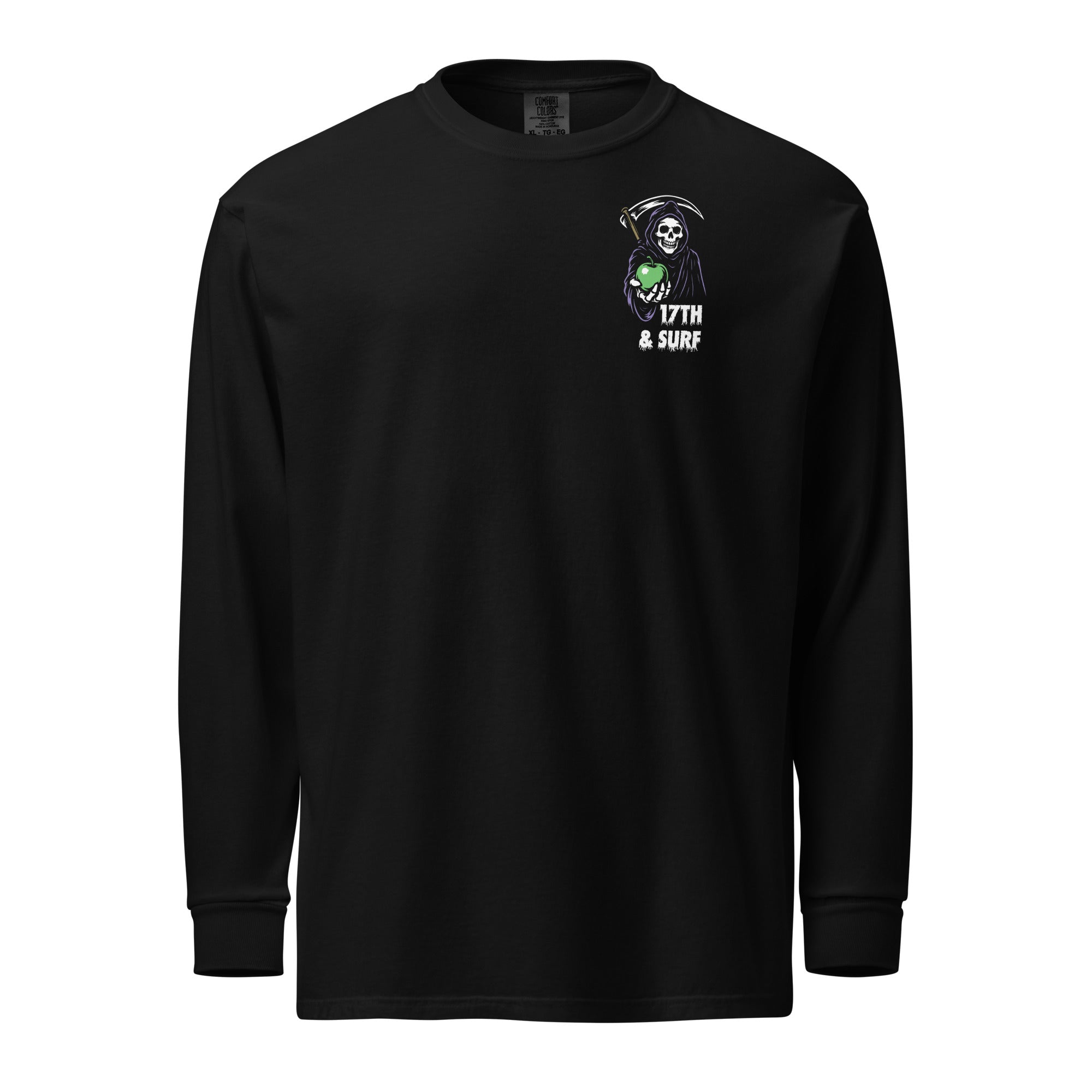 "Beach Apple" garment-dyed heavyweight long sleeve, front flat lay, featuring the small "17th & Surf" Grim Reaper apple logo on the chest – "Beach Apple" Series by 17th & Surf