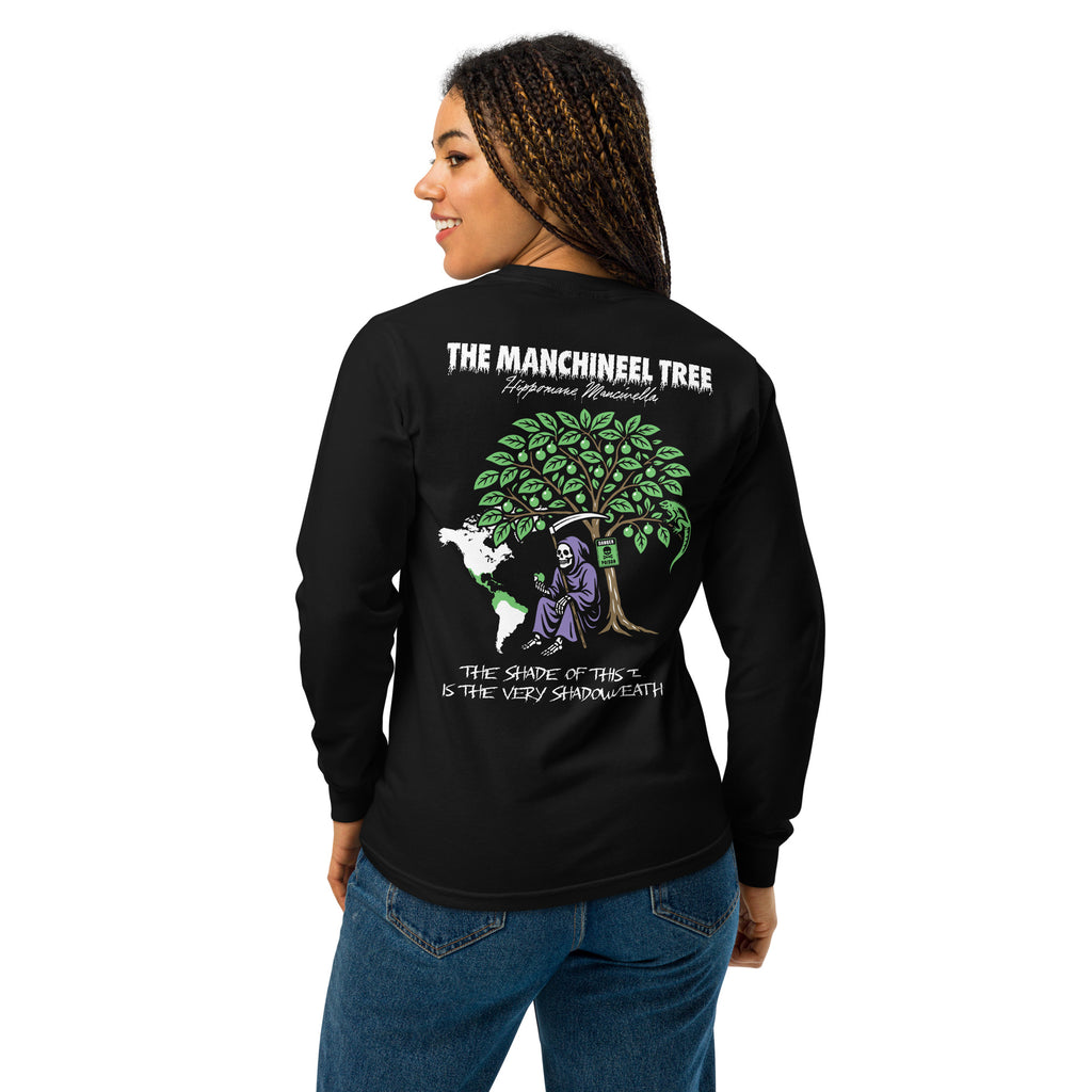"Beach Apple" garment-dyed heavyweight long sleeve, back view on female model, featuring the large "THE MANCHINEEL TREE" graphic with the Grim Reaper, green iguana, "DANGER POISON" sign, and map of Central/South America – "Beach Apple" Series by 17th & Surf