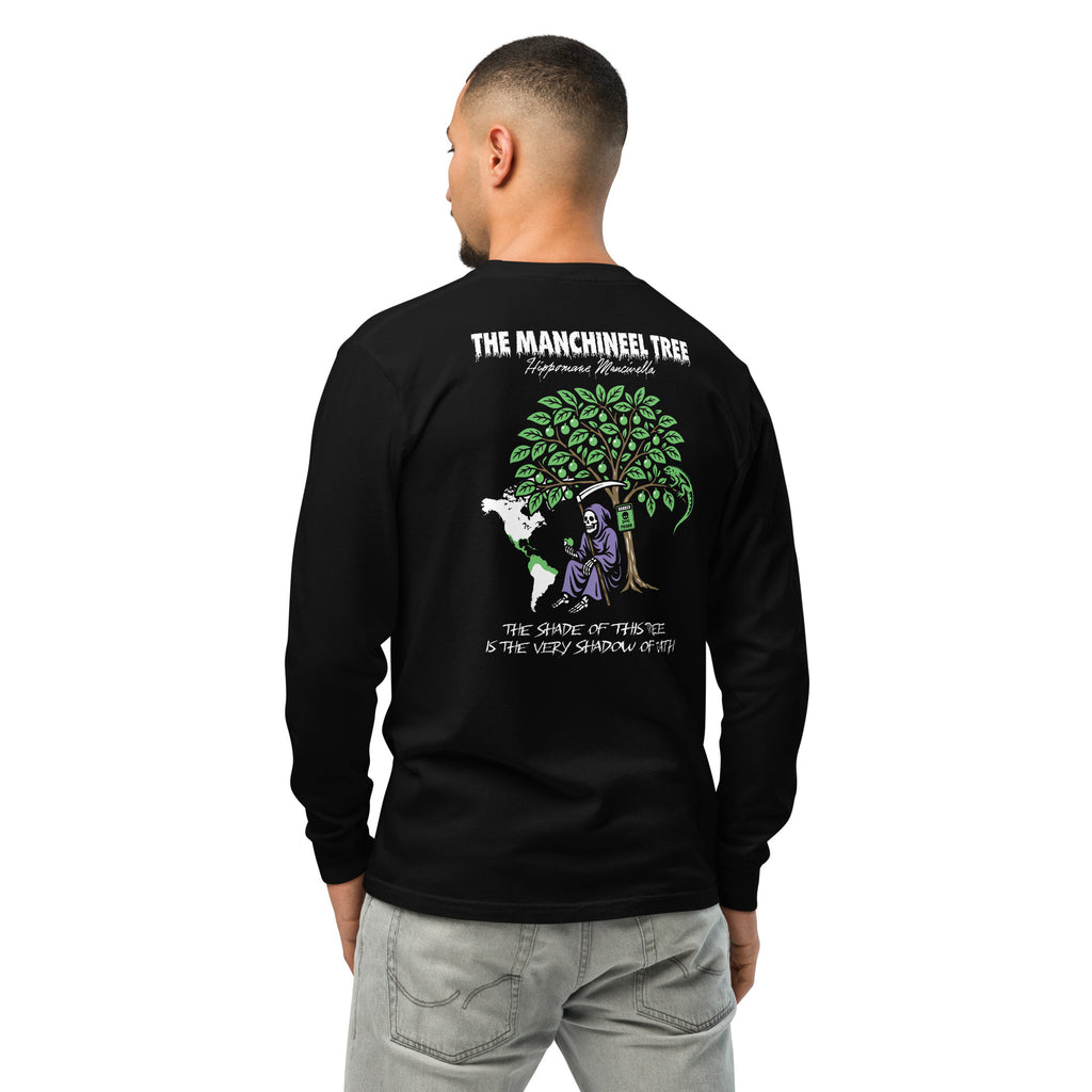 "Beach Apple" garment-dyed heavyweight long sleeve, back view on male model, featuring the large "THE MANCHINEEL TREE" graphic with the Grim Reaper, green iguana, "DANGER POISON" sign, and map of Central/South America – "Beach Apple" Series by 17th & Surf