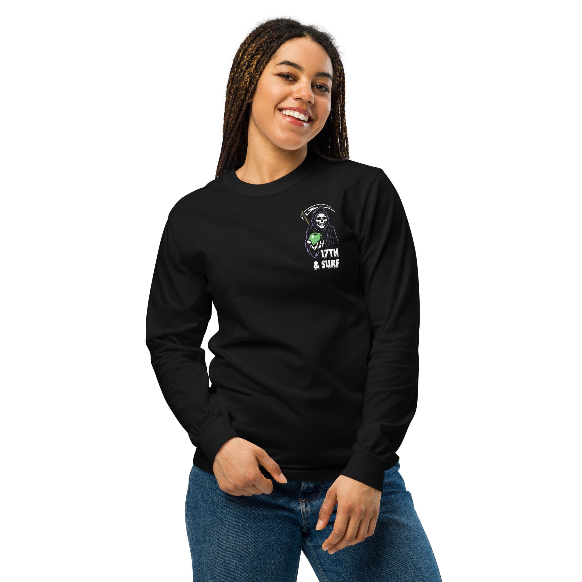 "Beach Apple" garment-dyed heavyweight long sleeve, front view on female model, featuring the small "17th & Surf" Grim Reaper apple logo on the chest – "Beach Apple" Series by 17th & Surf
