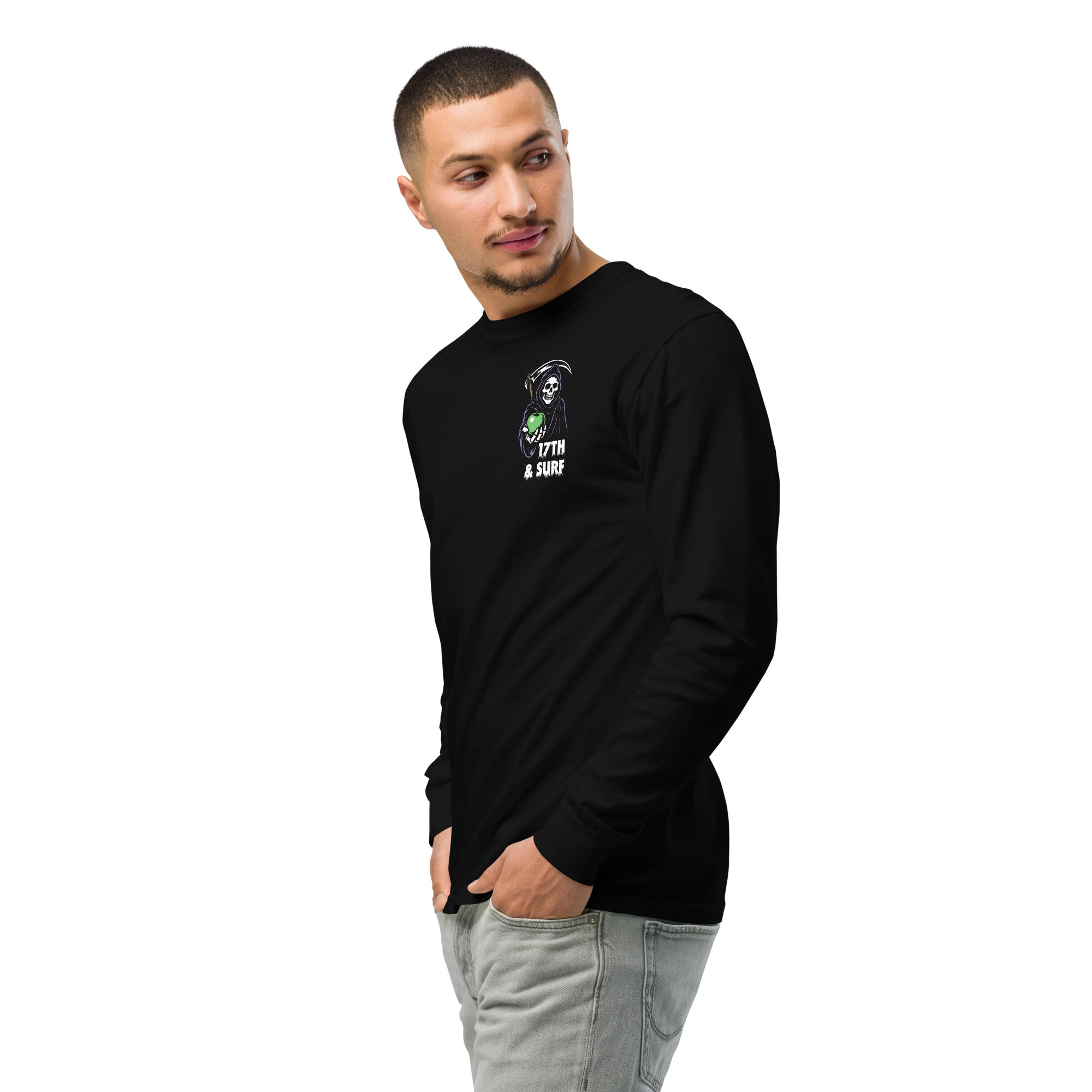 "Beach Apple" garment-dyed heavyweight long sleeve, front view on male model, featuring the small "17th & Surf" Grim Reaper apple logo on the chest – "Beach Apple" Series by 17th & Surf