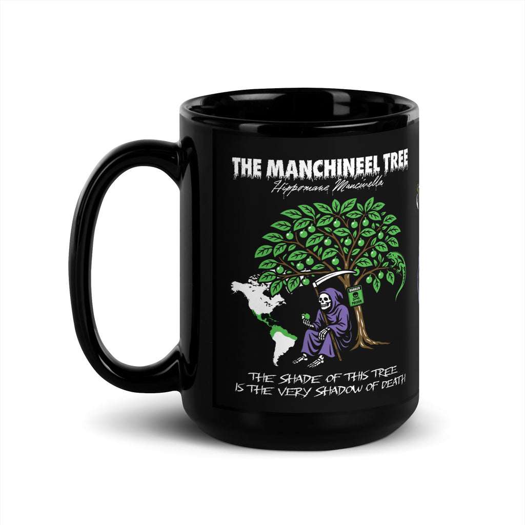 "Beach Apple" black glossy 15oz mug, handle-left view, featuring the large "THE MANCHINEEL TREE" graphic with a hooded Grim Reaper holding a green apple beneath the poisonous tree, a green iguana, a "DANGER POISON" sign, a map of Central/South America, and the caption "The shade of this tree is the very shadow of death" – "Beach Apple" Series by 17th & Surf