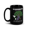 "Beach Apple" black glossy 15oz mug, handle-left view, featuring the large "THE MANCHINEEL TREE" graphic with a hooded Grim Reaper holding a green apple beneath the poisonous tree, a green iguana, a "DANGER POISON" sign, a map of Central/South America, and the caption "The shade of this tree is the very shadow of death" – "Beach Apple" Series by 17th & Surf