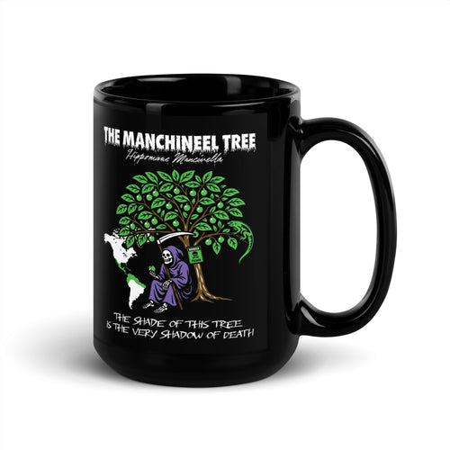 "Beach Apple" black glossy 15oz mug, handle-right view, featuring the large "THE MANCHINEEL TREE" graphic with the Grim Reaper, green iguana, "DANGER POISON" sign, and map of Central/South America – "Beach Apple" Series by 17th & Surf