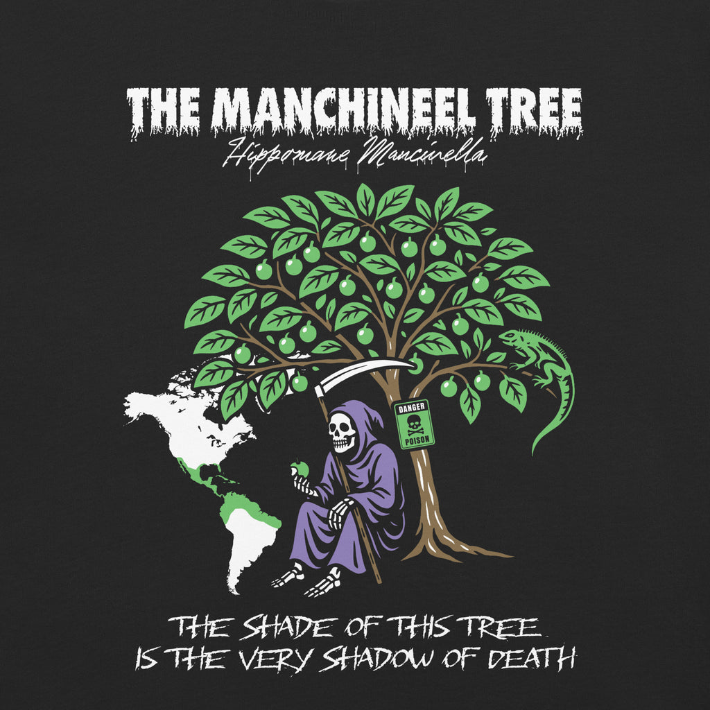 "Beach Apple" garment-dyed heavyweight tee, back flat lay close-up, featuring the large "THE MANCHINEEL TREE" graphic with a hooded Grim Reaper holding a green apple beneath the tree, a green iguana, a "DANGER POISON" sign, a map of Central/South America, and the caption "The shade of this tree is the very shadow of death" – "Beach Apple" Series by 17th & Surf