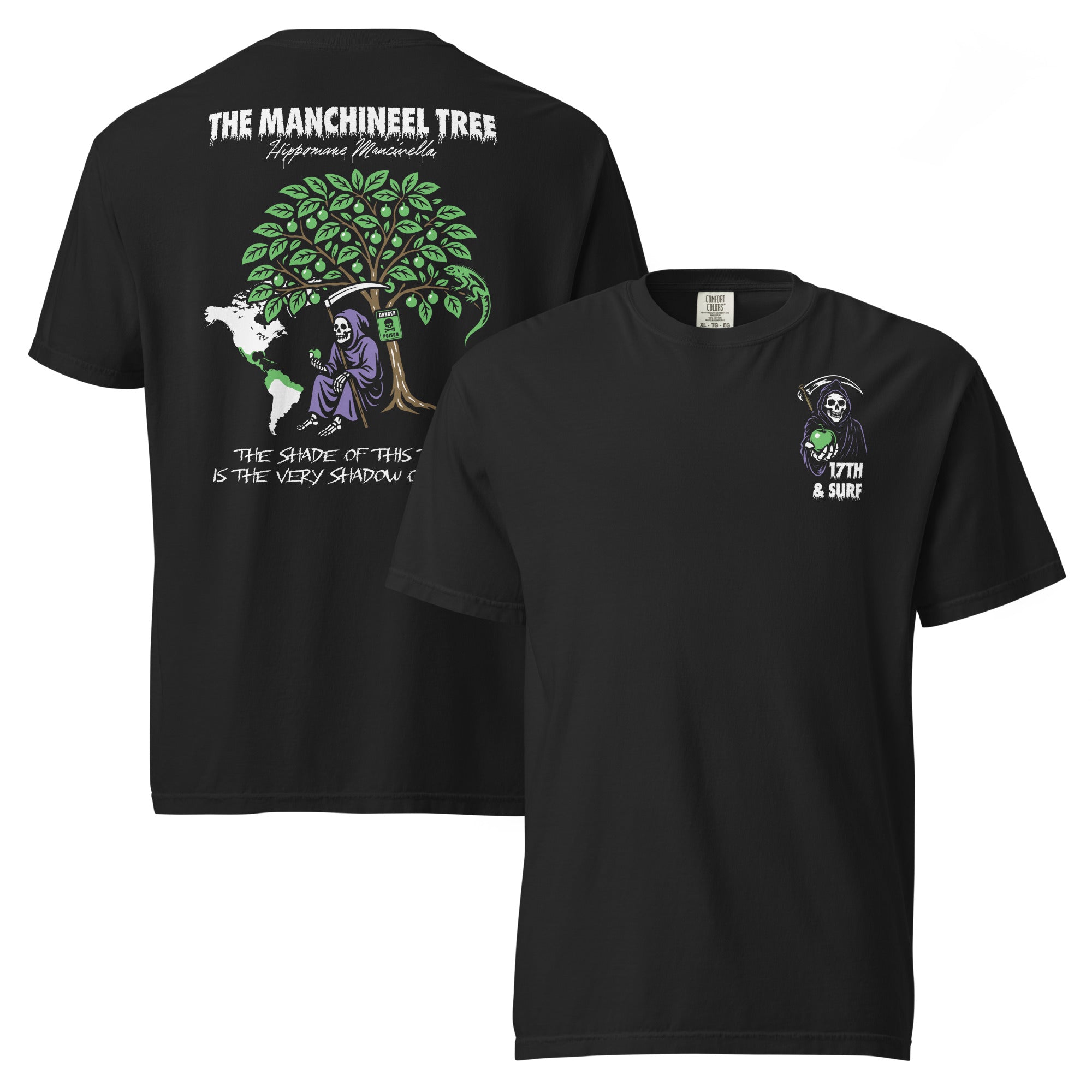 "Beach Apple" garment-dyed heavyweight tee, flat lay front and back, featuring the small Grim Reaper "17th & Surf" apple logo on the chest and the large "THE MANCHINEEL TREE" back graphic with a Grim Reaper beneath the poisonous tree, a green iguana, a "DANGER POISON" sign, and a map of Central/South America – "Beach Apple" Series by 17th & Surf