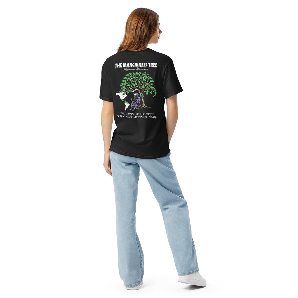 "Beach Apple" garment-dyed heavyweight tee, back view on female model, featuring the large "THE MANCHINEEL TREE" graphic with the Grim Reaper, green iguana, "DANGER POISON" sign, and map of Central/South America – "Beach Apple" Series by 17th & Surf