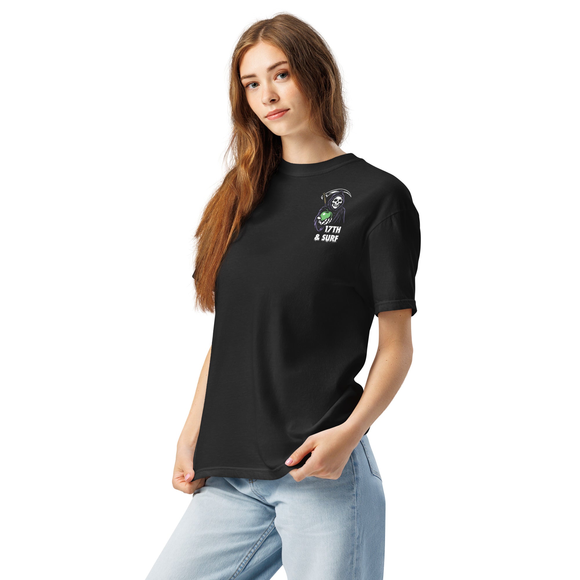"Beach Apple" garment-dyed heavyweight tee, front view on female model, featuring the small "17th & Surf" Grim Reaper apple logo on the chest – "Beach Apple" Series by 17th & Surf