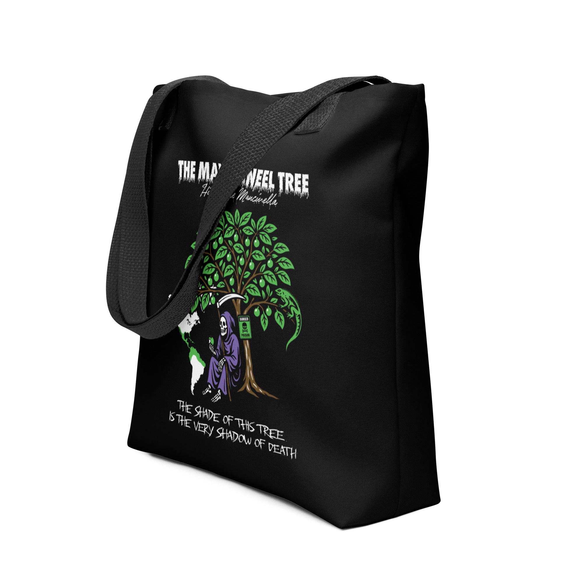 "Beach Apple" black canvas tote bag, angled view on model, featuring the small "17th & Surf" Grim Reaper apple logo – "Beach Apple" Series by 17th & Surf