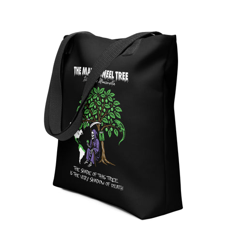 "Beach Apple" black canvas tote bag, angled view on model, featuring the small "17th & Surf" Grim Reaper apple logo – "Beach Apple" Series by 17th & Surf