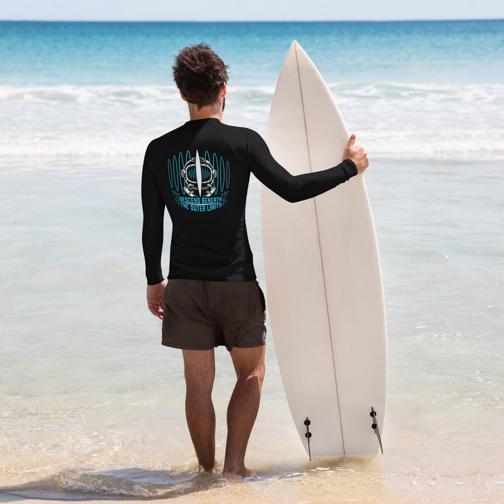 "Beneath The Outer Limits" black rash guard, back view, featuring the large graphic of a vintage diving helmet split by a surfboard fin, framed by blue broadcast test-pattern rings with an oscillating waveform, rising bubbles, and the text "DESCEND BENEATH THE OUTER LIMITS" – "Beneath The Outer Limits" Series by 17th & Surf
