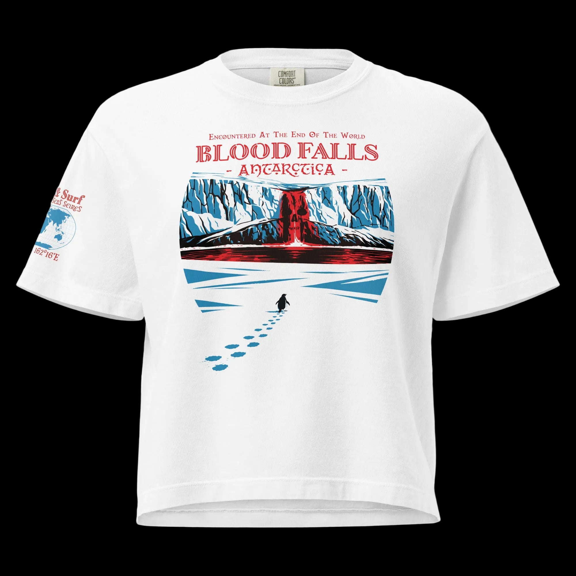 Women’s white heavyweight boxy tee featuring Blood Falls Antarctica graphic with lone penguin approaching red waterfall