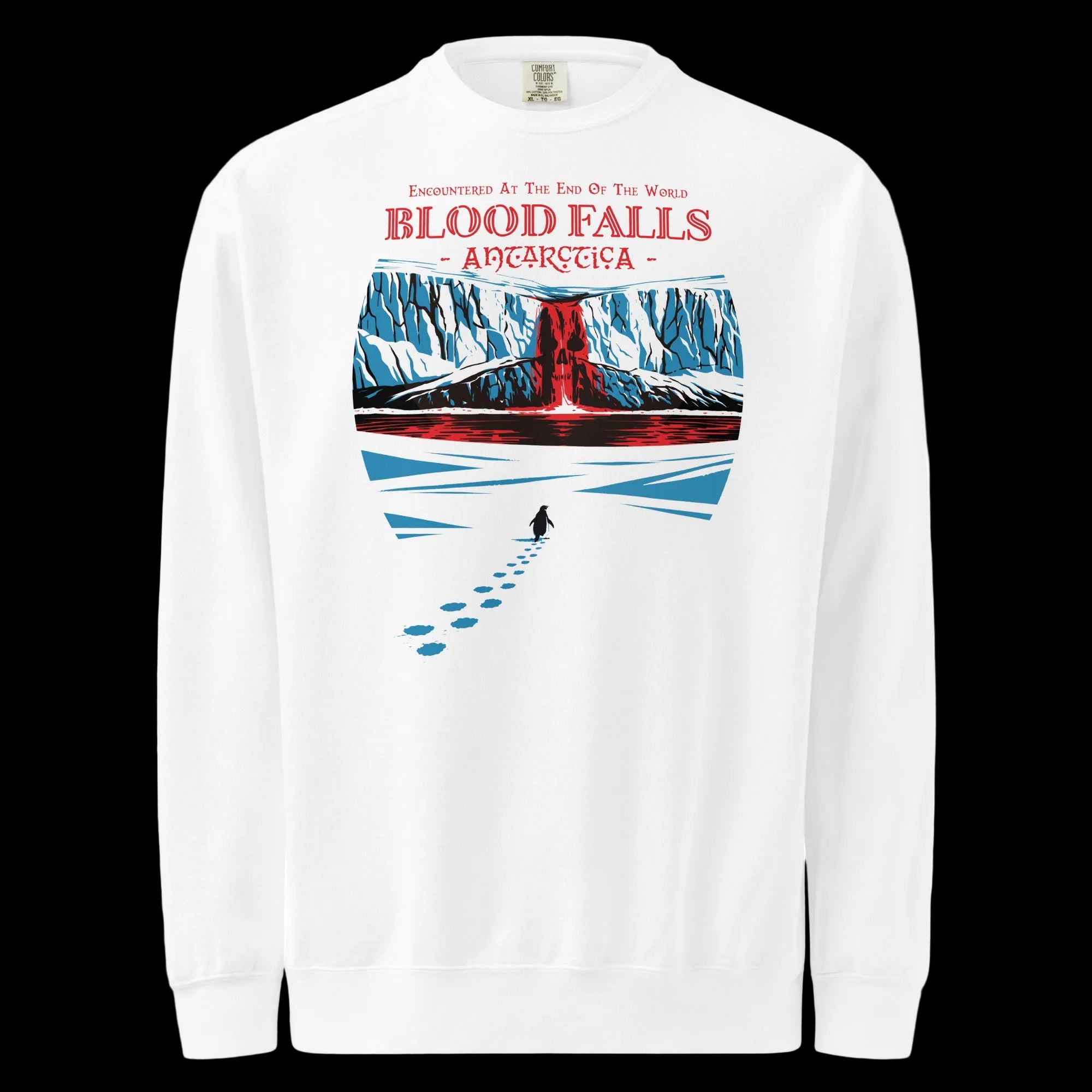 "Blood Falls" Antarctica heavyweight crewneck sweatshirt in white, front flat lay, featuring a lone nihilist penguin walking toward a crimson waterfall cascading from Taylor Glacier ice cliffs – Haunted Seas Series by 17th & Surf