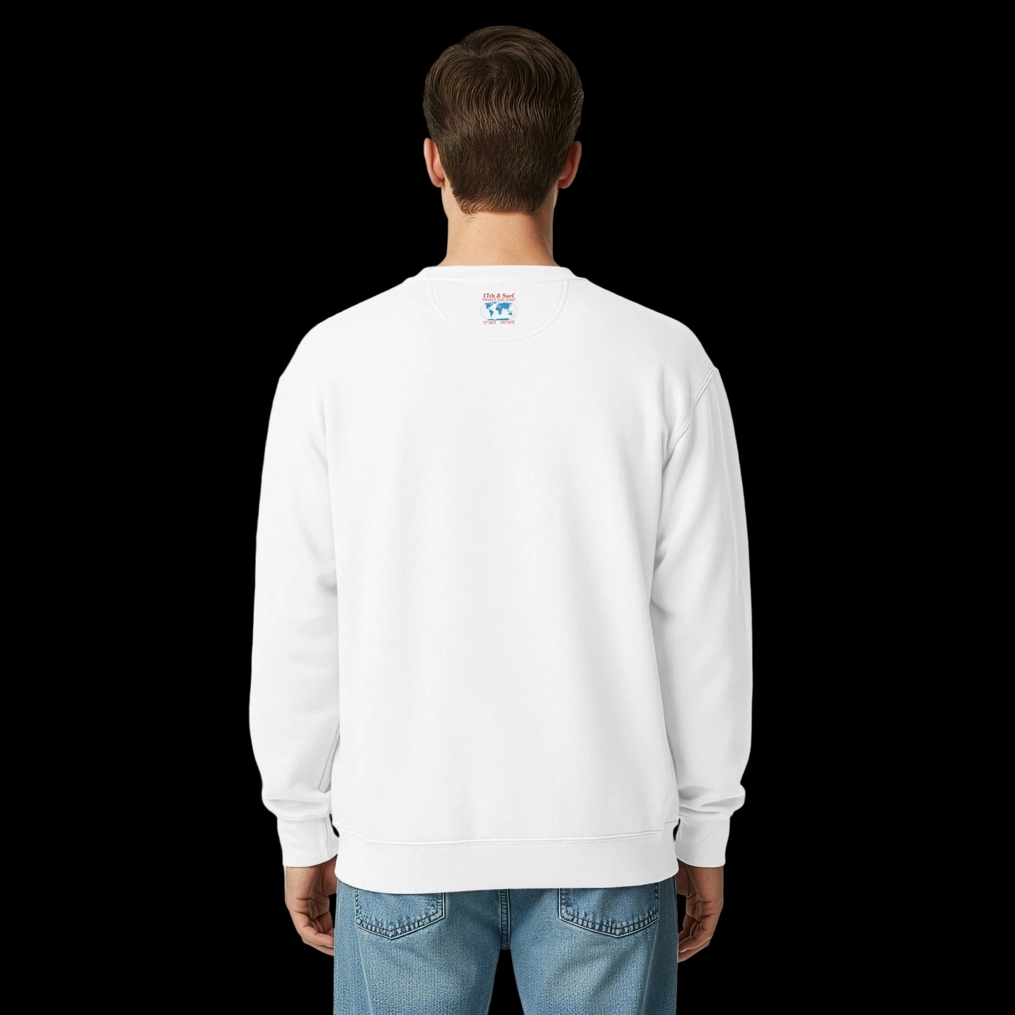 "Blood Falls" Antarctica heavyweight crewneck sweatshirt in white on male model, back view, featuring a world map highlighting Antarctica with the coordinates 77°43′S 162°16′E marking the Taylor Glacier site and "Haunted Seas" series text – Haunted Seas Series by 17th & Surf