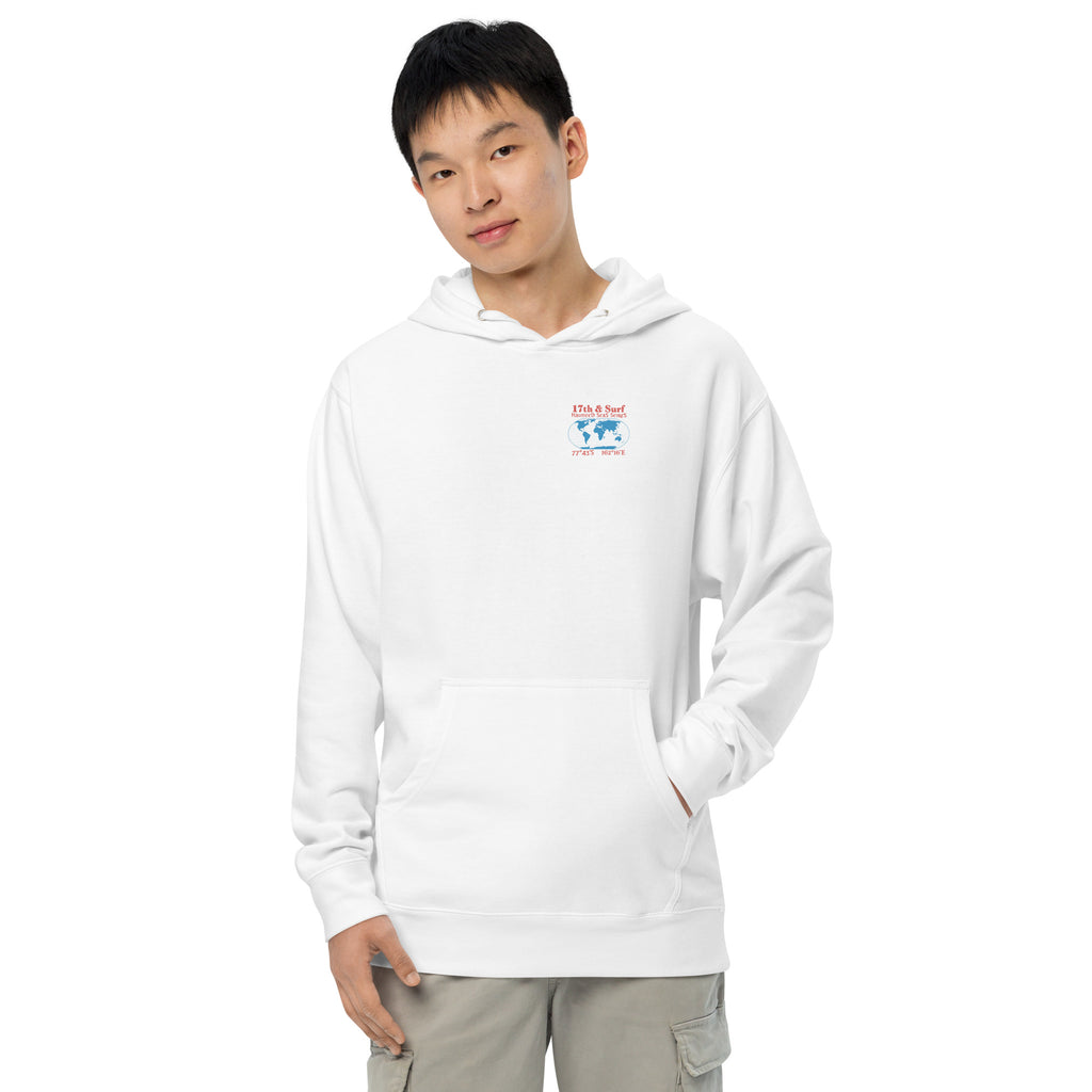 Male model wearing "Blood Falls" Antarctica hoodie with Haunted Seas Series world map chest logo and coordinates 77°43'S 162°16'E – 17th & Surf