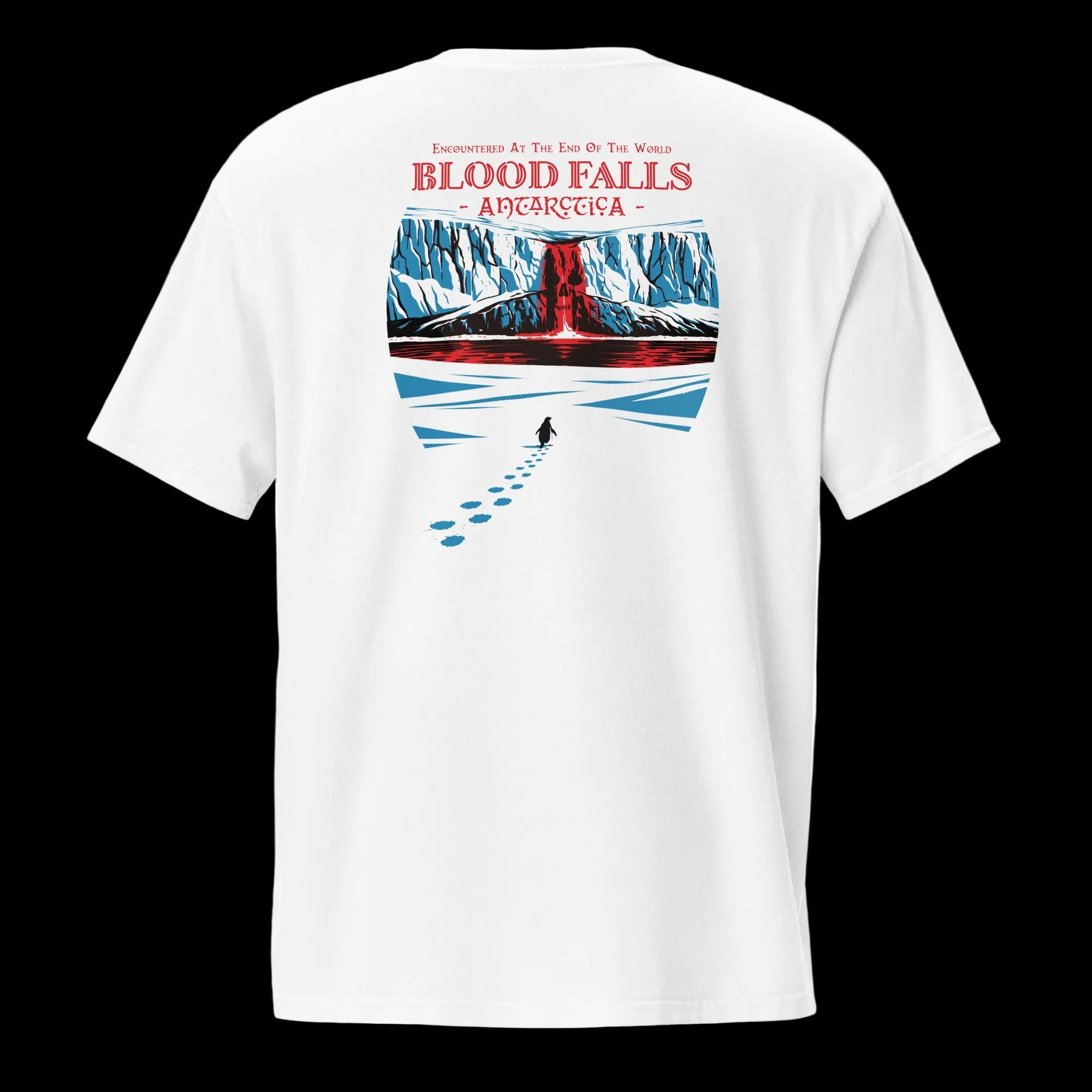 Back of white 17th & Surf Blood Falls Antarctica t-shirt featuring illustrated red Antarctic waterfall, glacier landscape, and lone "but why" penguin with footprints in snow