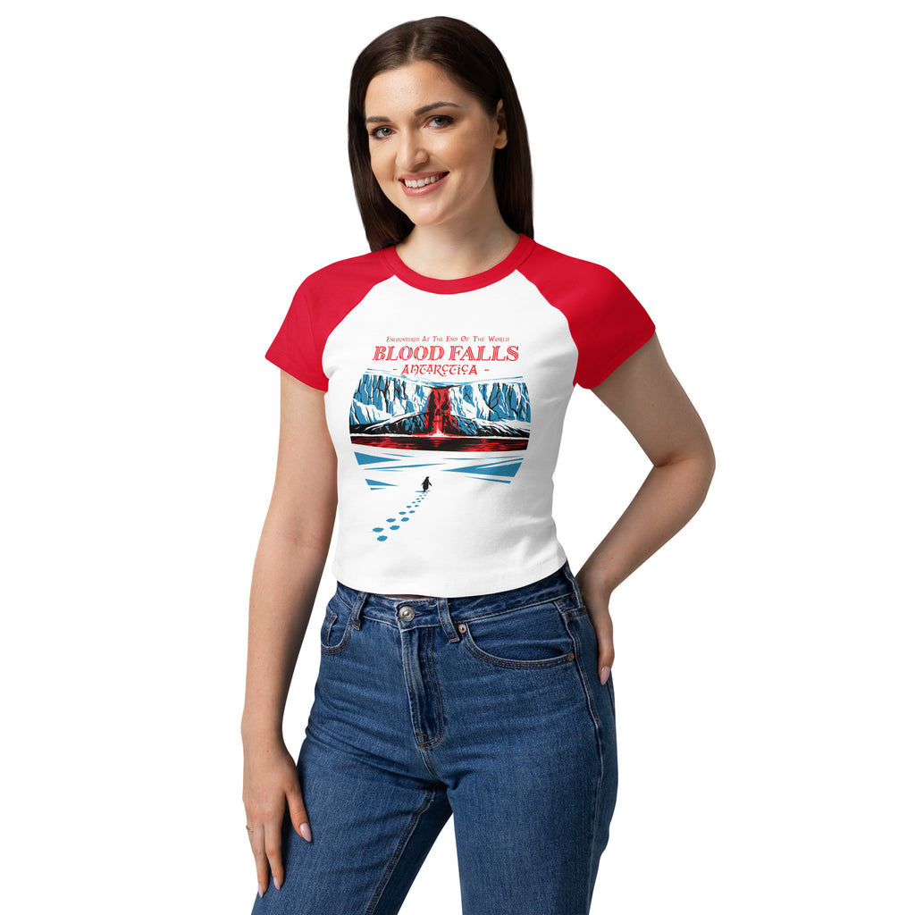 "Blood Falls" Antarctica Raglan boxy tee left front angle in white – Haunted Seas Series by 17th & Surf
