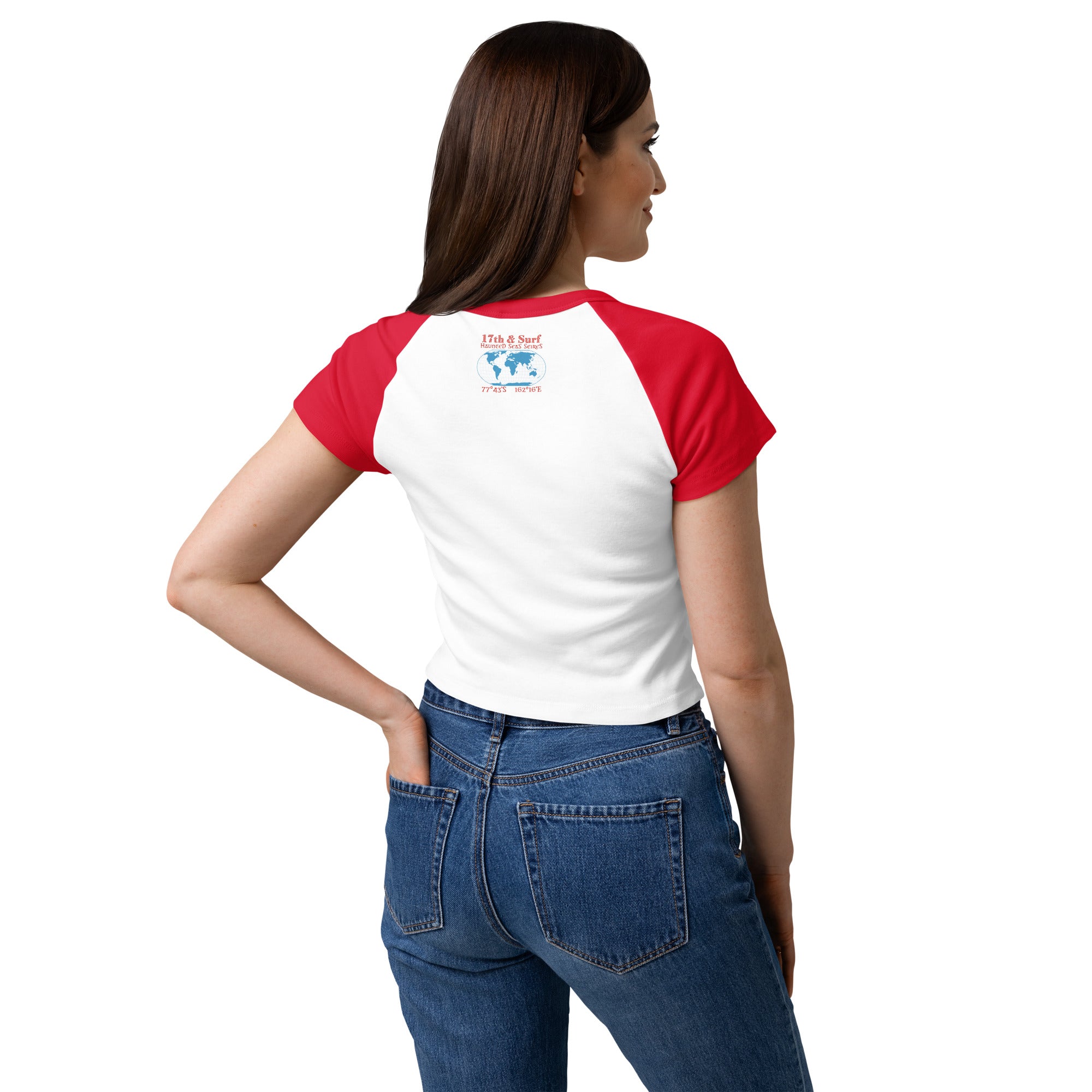 "Blood Falls" Antarctica Raglan boxy tee right side view in white – Haunted Seas Series by 17th & Surf