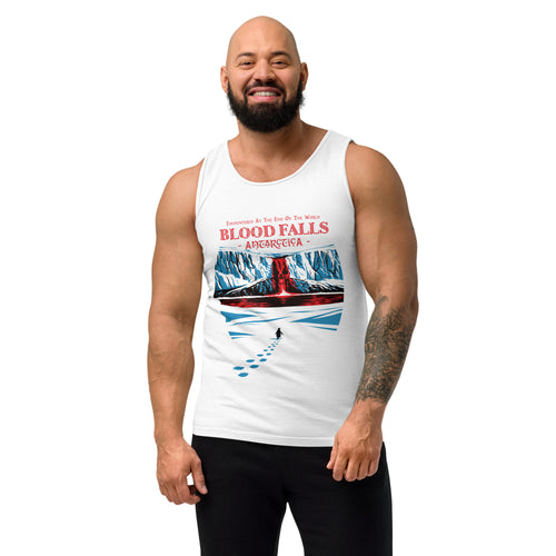 Male model wearing "Blood Falls" Antarctica garment-dyed tank top featuring a lone penguin walking toward a red waterfall through icy glacier cliffs – Haunted Seas Series by 17th & Surf
