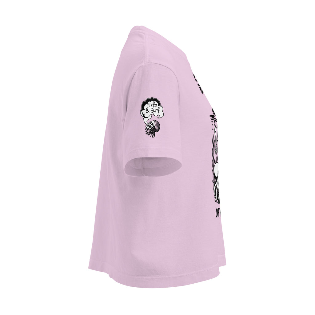 "Keep Your Butts Off The Beach" women's heavyweight boxy tee right angle in orchid pink showing small smoking-skull sleeve logo with "17th & Surf" cloud - 17th & Surf